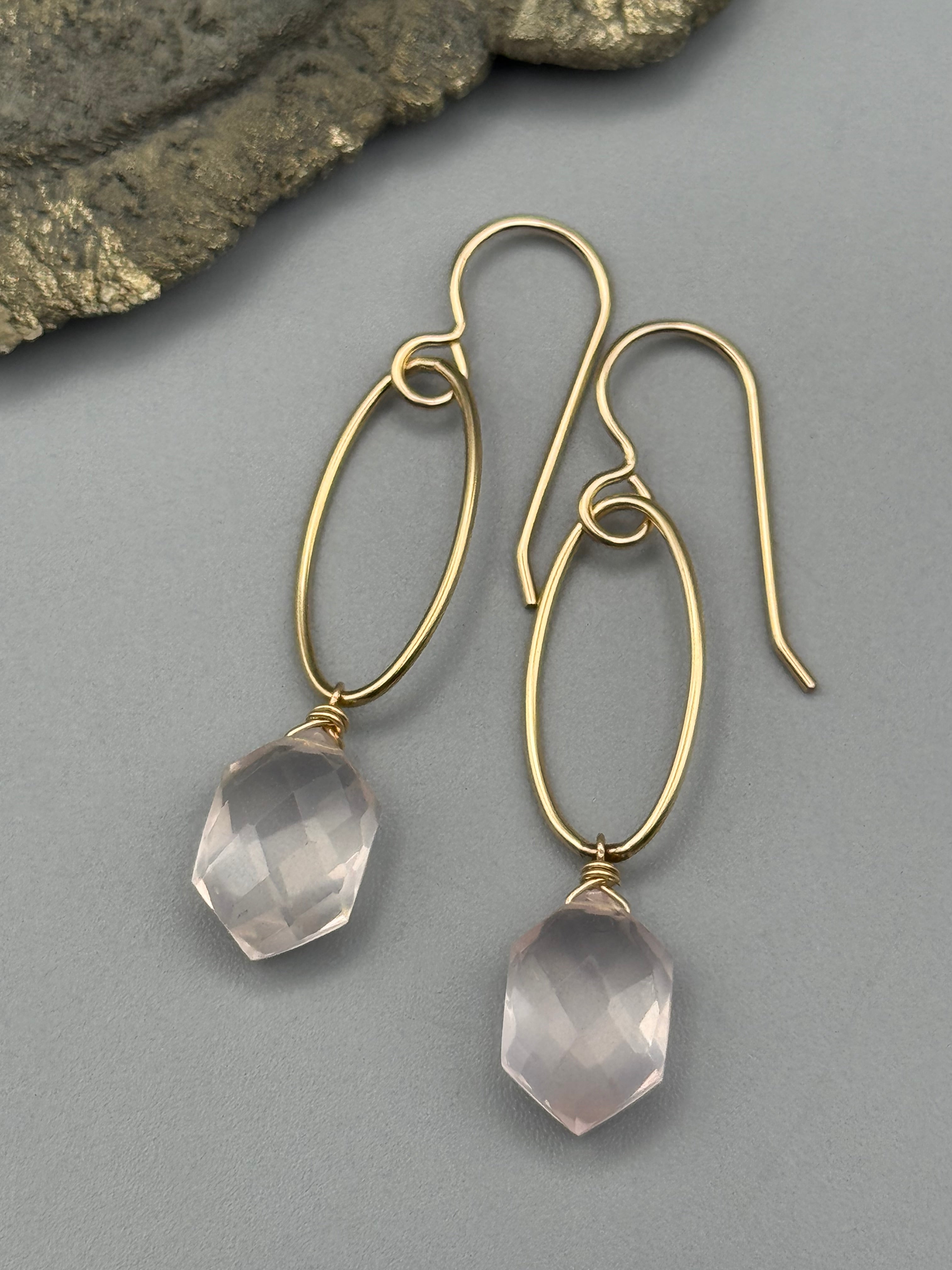 •IO• rose quartz hex + gold earrings