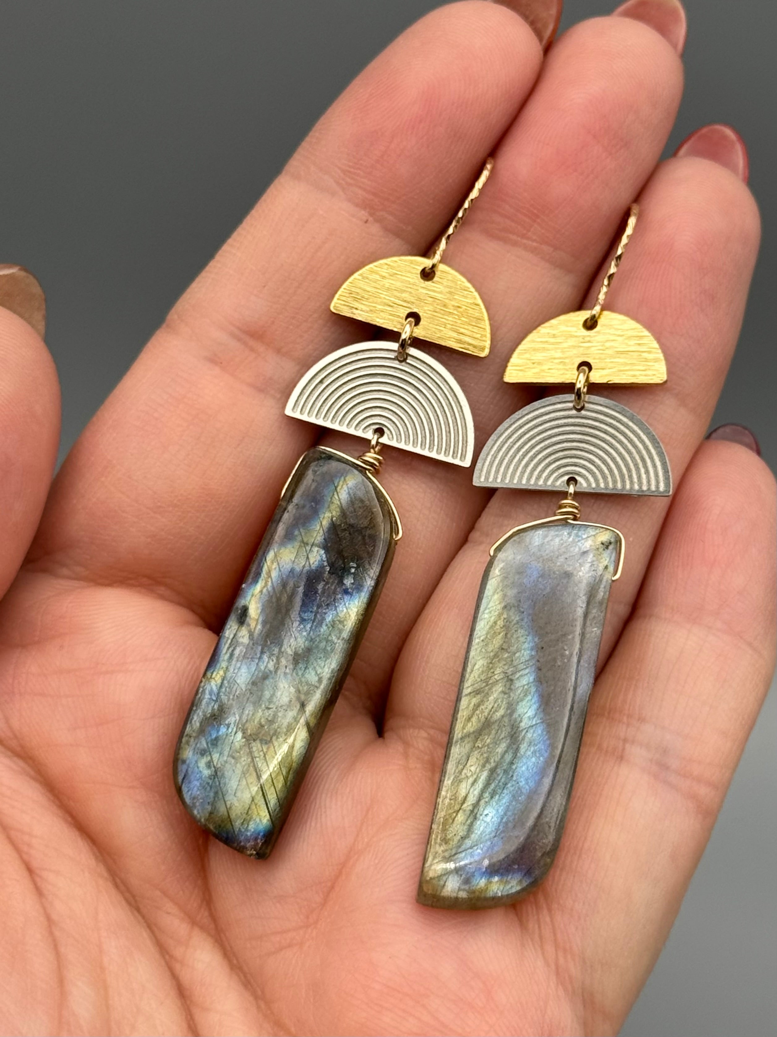 •MOON STACK• labradorite partridge + mixed metal earrings
