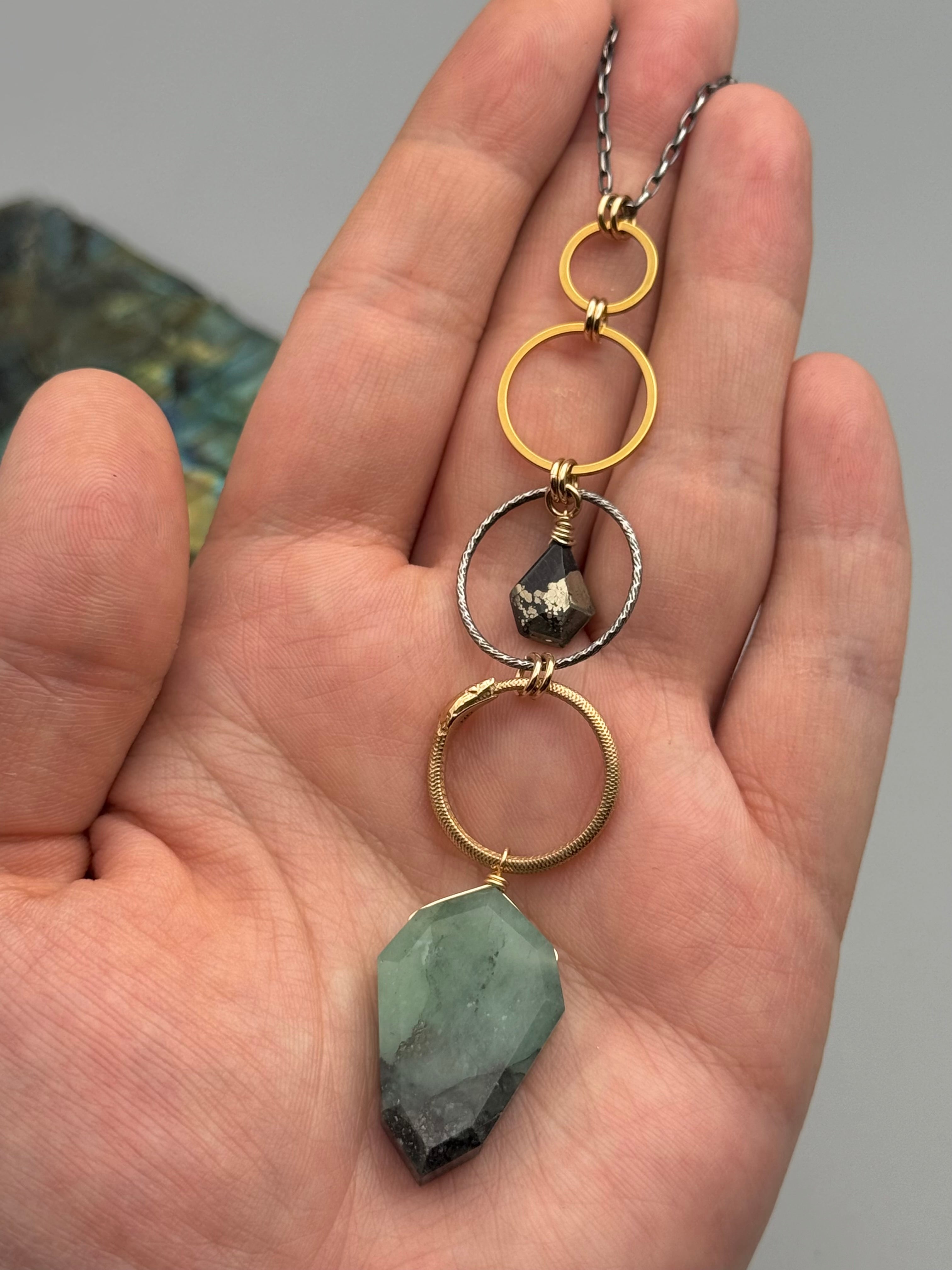 •NĀGA• pyrite + emerald mixed metal necklace (26"-28" long)