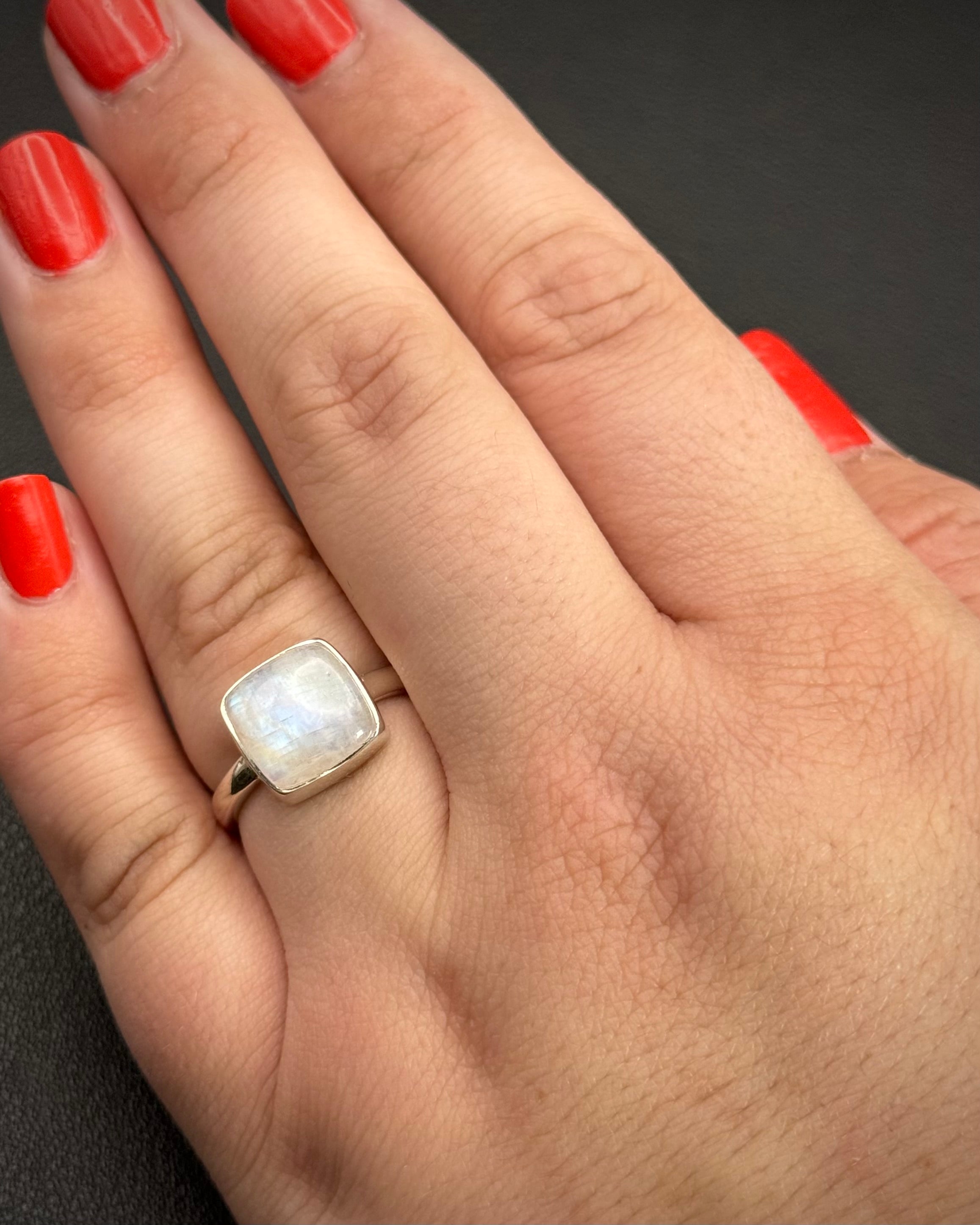•RAINBOW MOONSTONE - MEDIUM SOFT SQUARE• silver ring (size 8)
