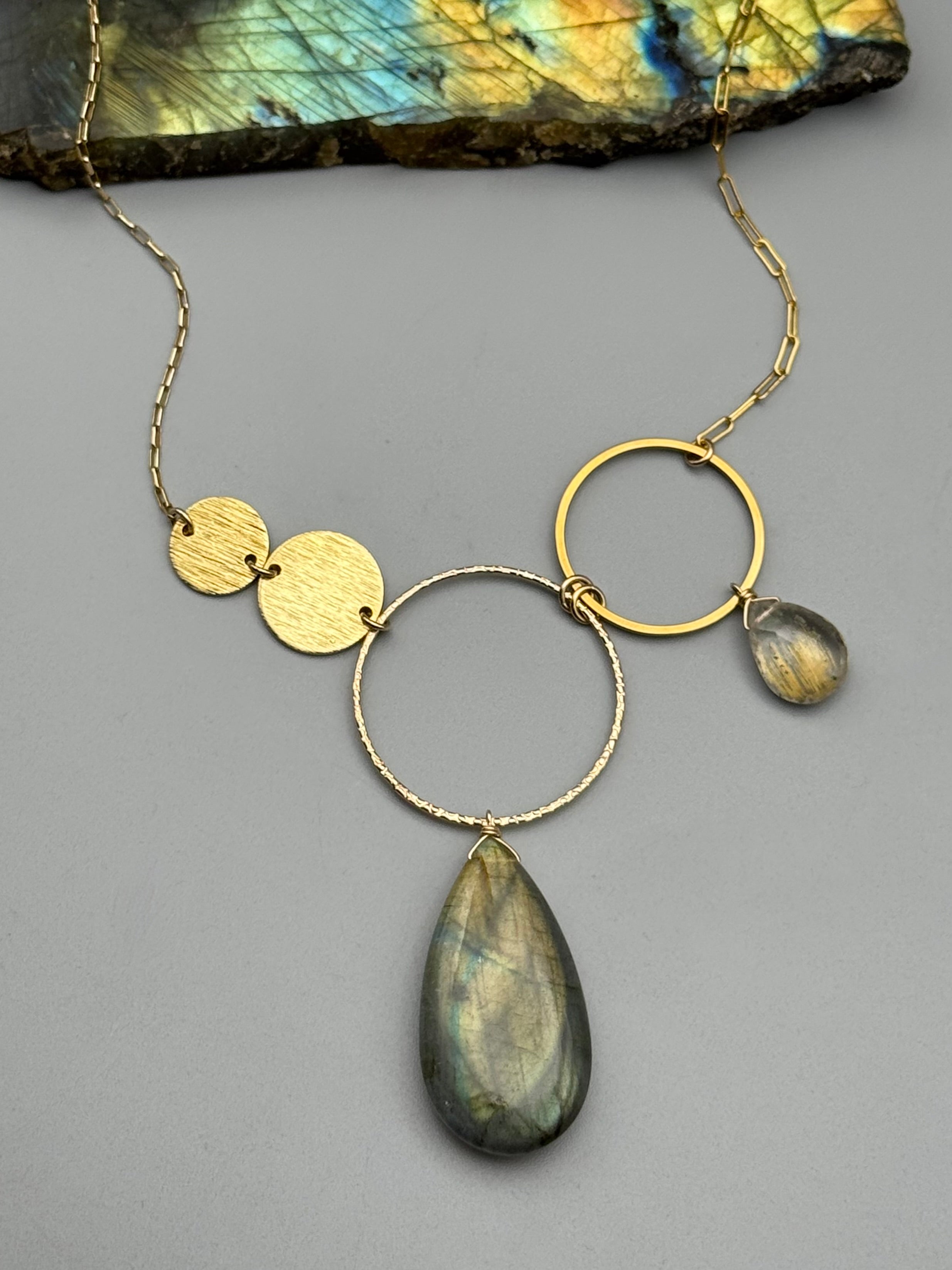 •UNION• rutilated quartz + labradorite gold necklace (16"-18" long)