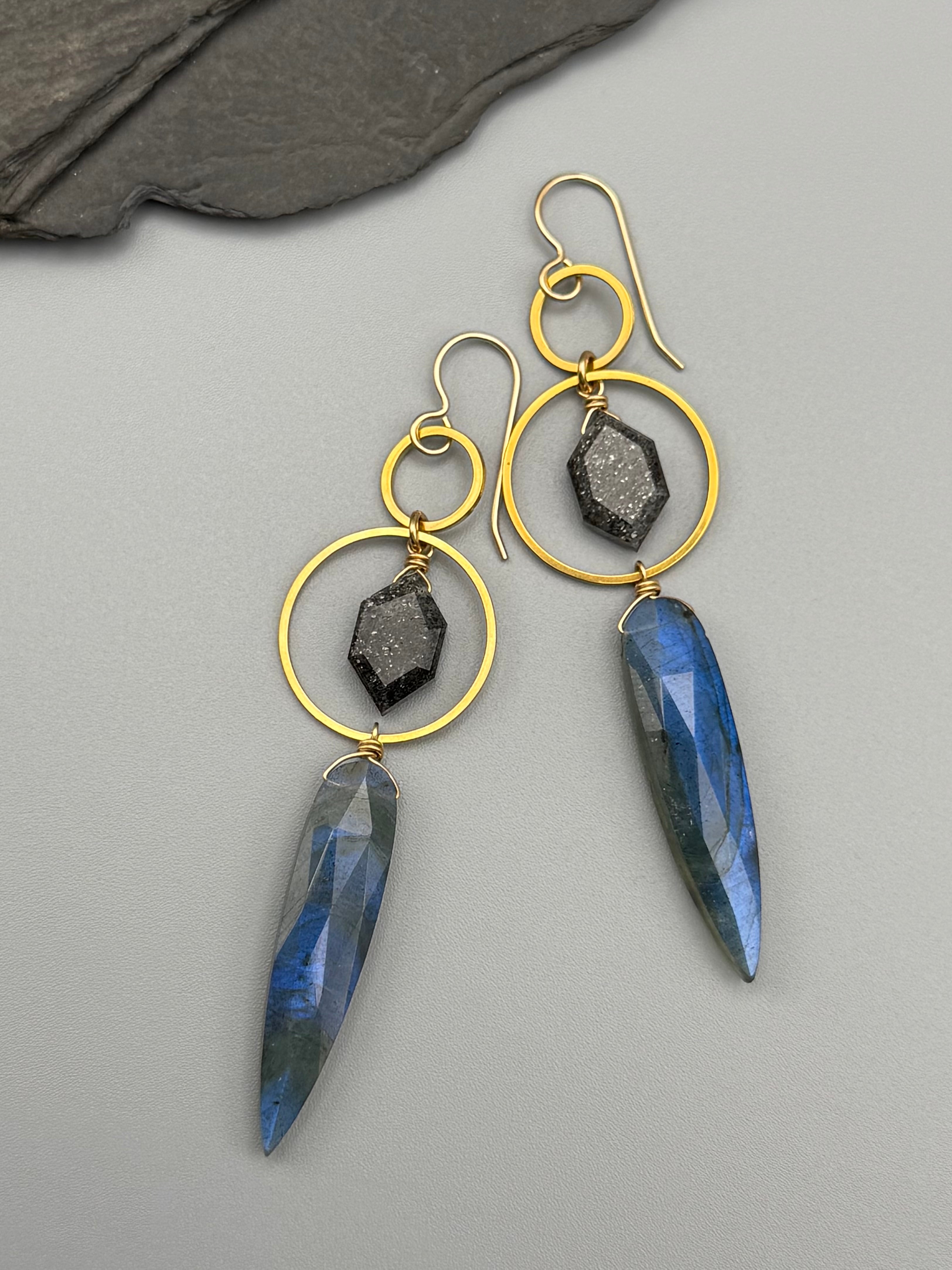 •EQUA-LUNA• black aventurine + labradorite gold earrings
