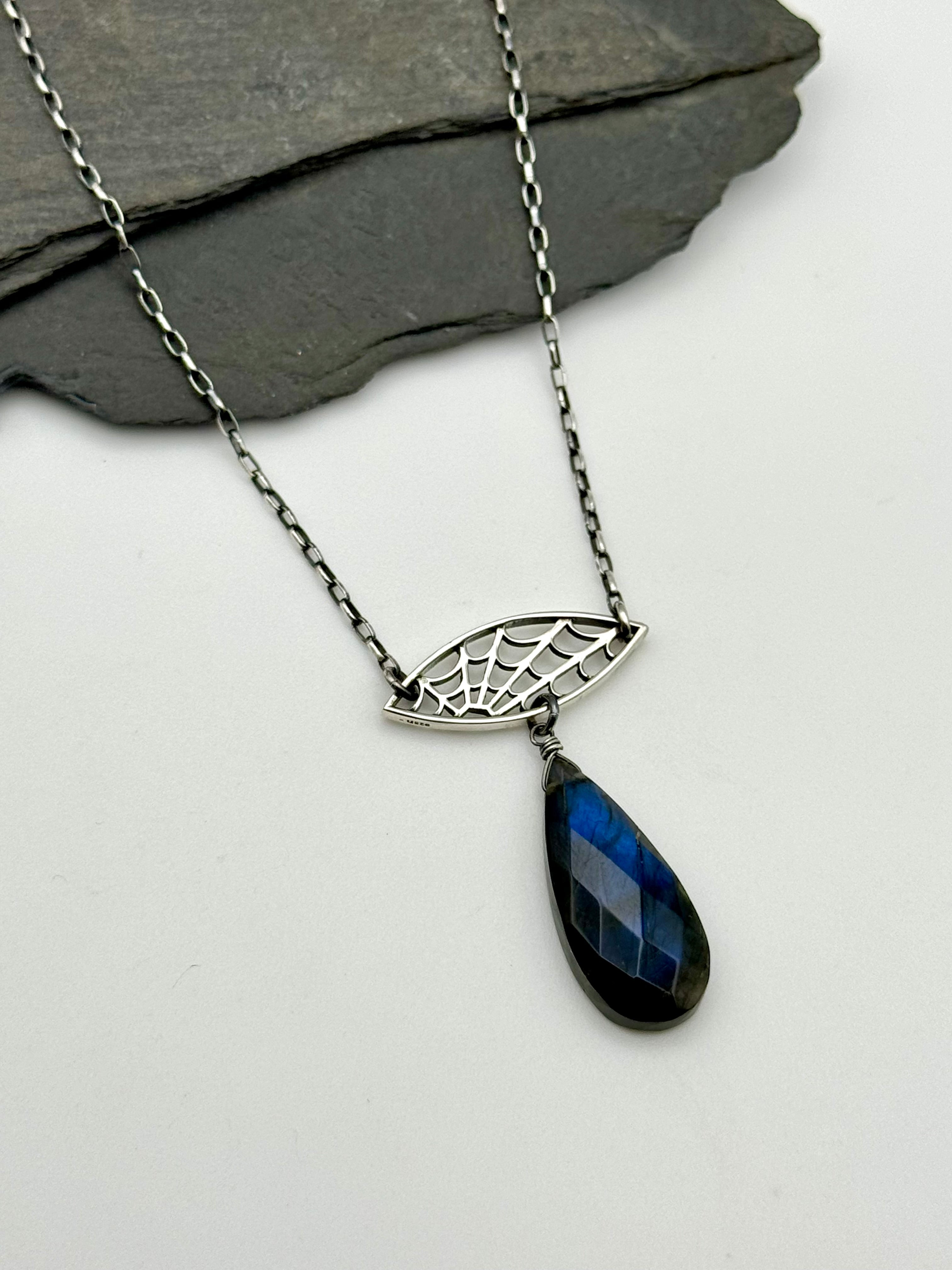 •HAUNT• labradorite + spider web + silver necklace (16"-18" long)
