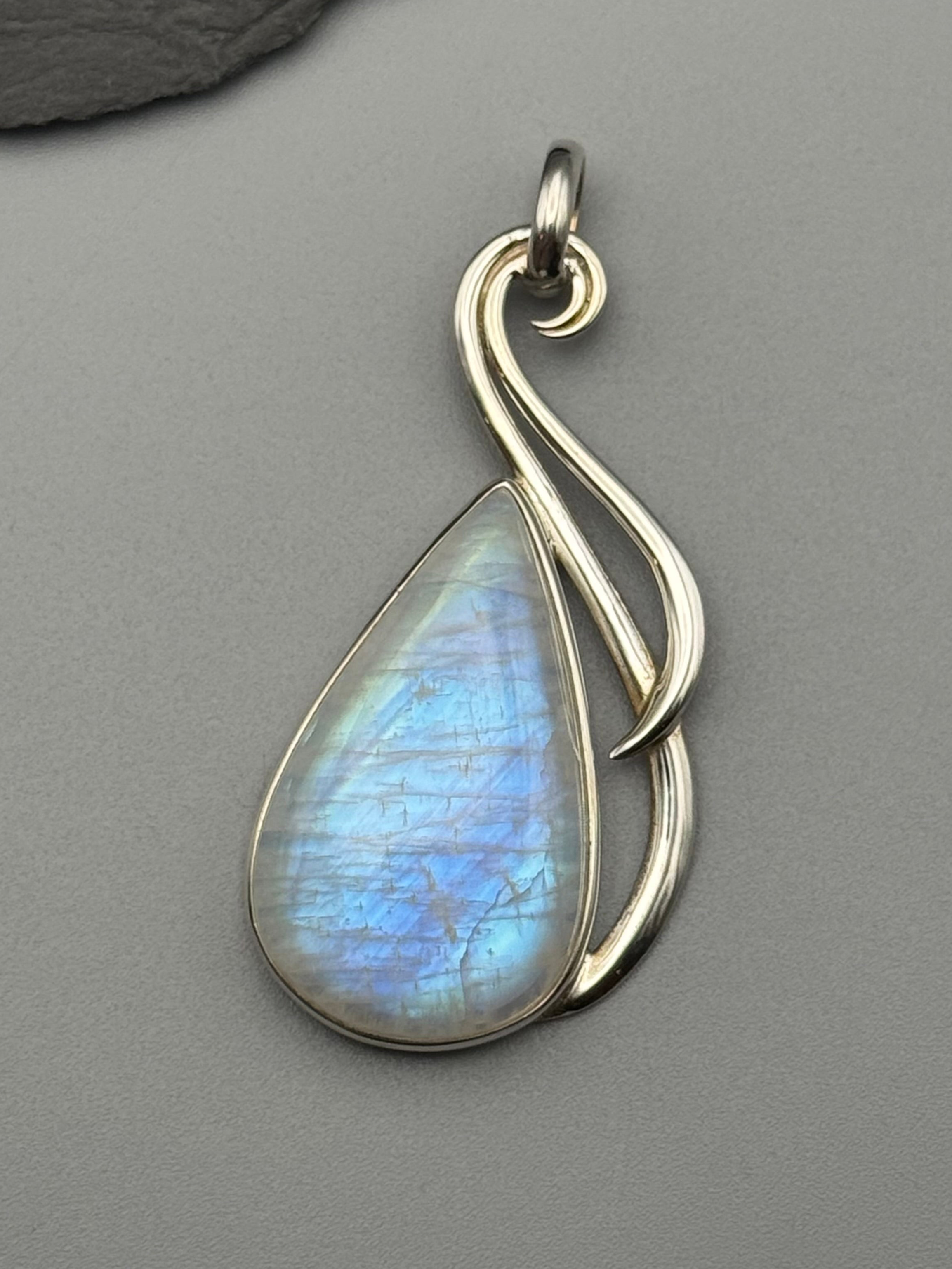 •RAINBOW MOONSTONE TEAR - LARGE FLOURISH• sterling silver pendant