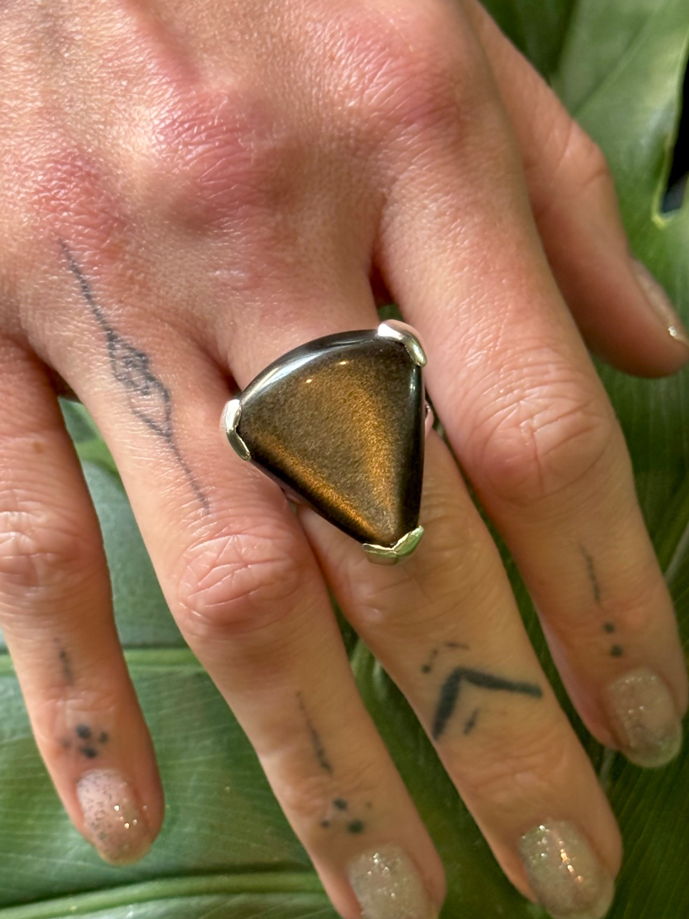 •GOLD SHEEN OBSIDIAN - WIDE TRI• bezel capped silver ring (size 9)