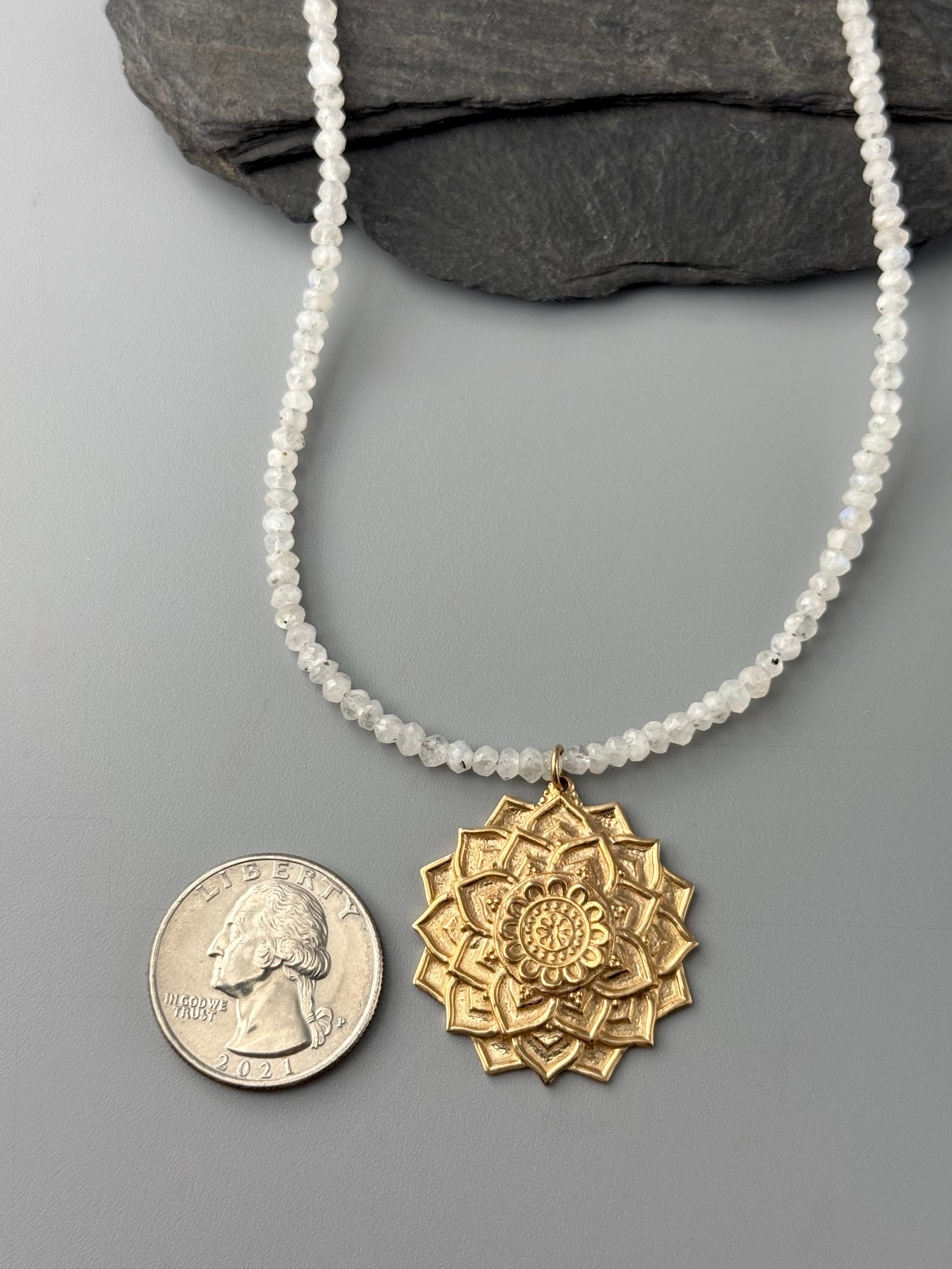 •MANDALA• rainbow moonstone + gold beaded necklace (24" long)
