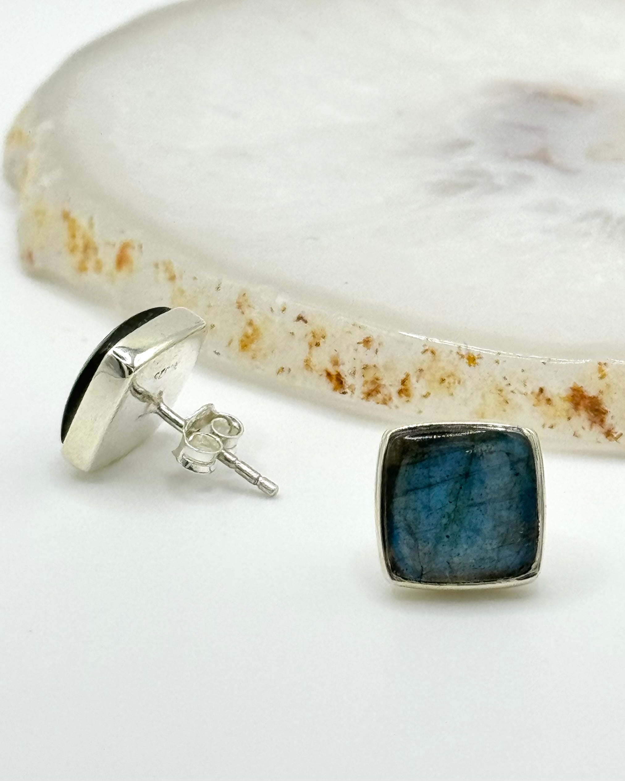 •LABRADORITE - SQUARE• silver bezel set stud earrings