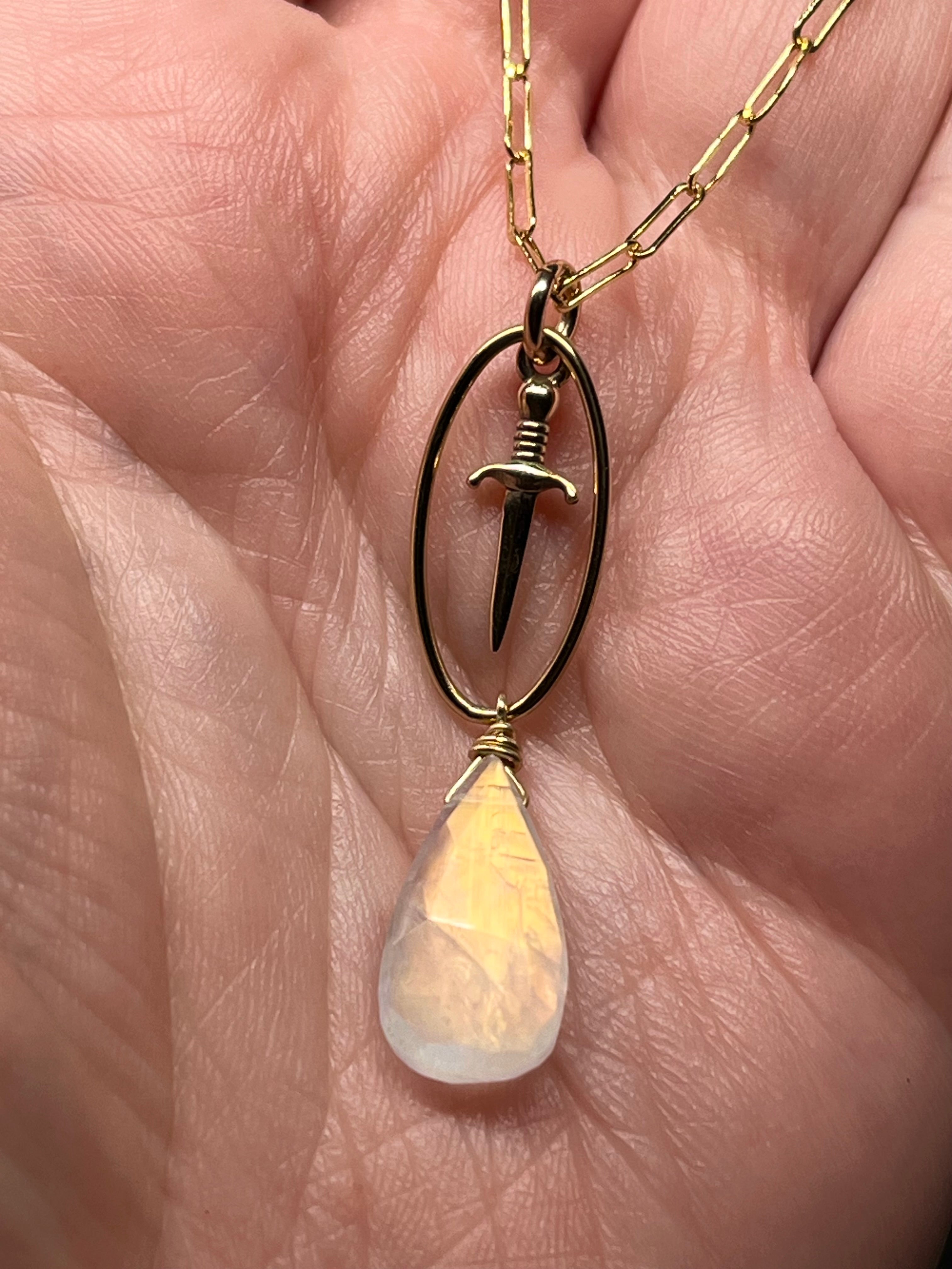 •NYX• rainbow moonstone + dagger + mixed metal necklace (16"-18")