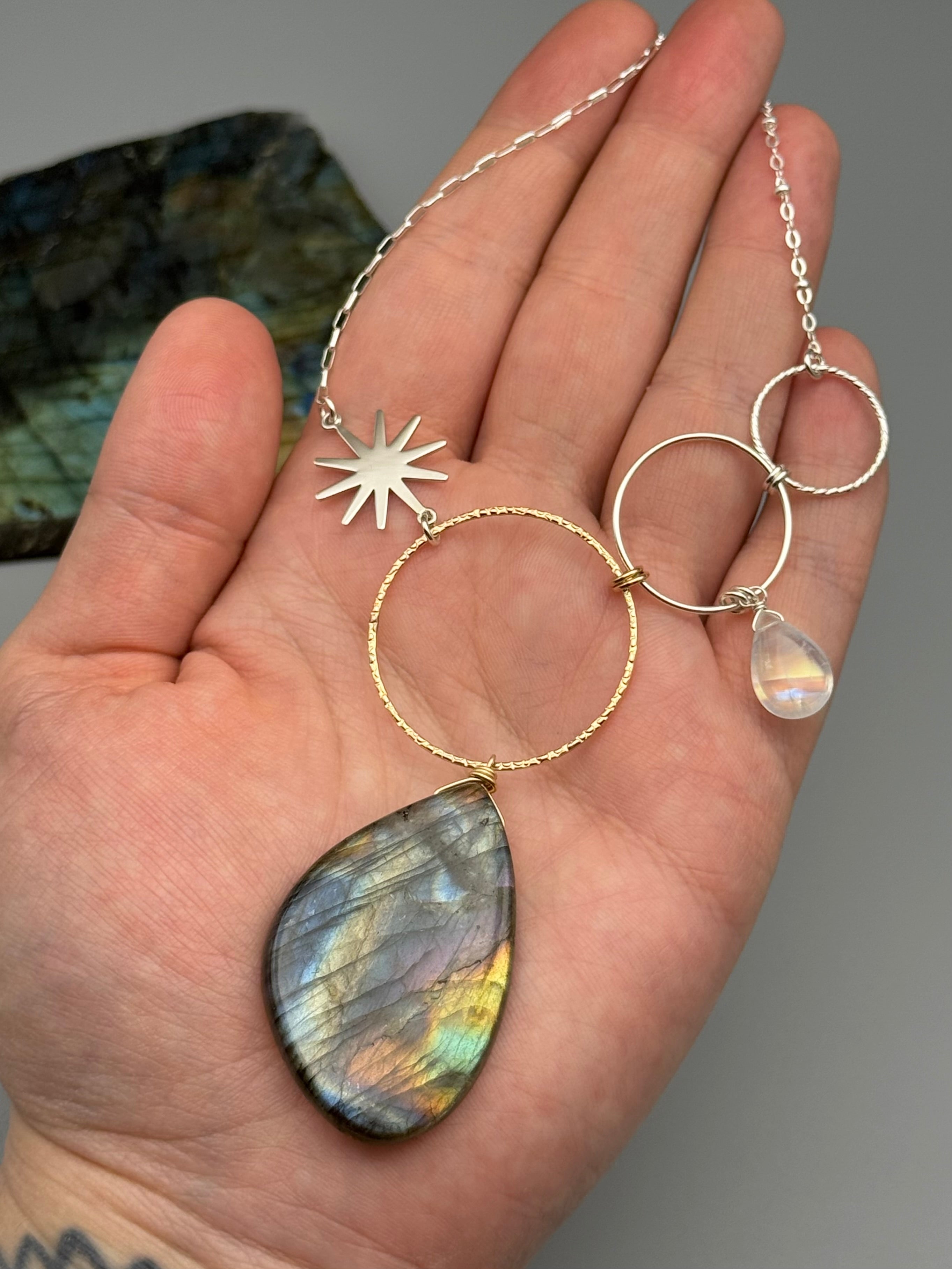 •UNION• rainbow moonstone + labradorite mixed metal necklace (16"-18" long)