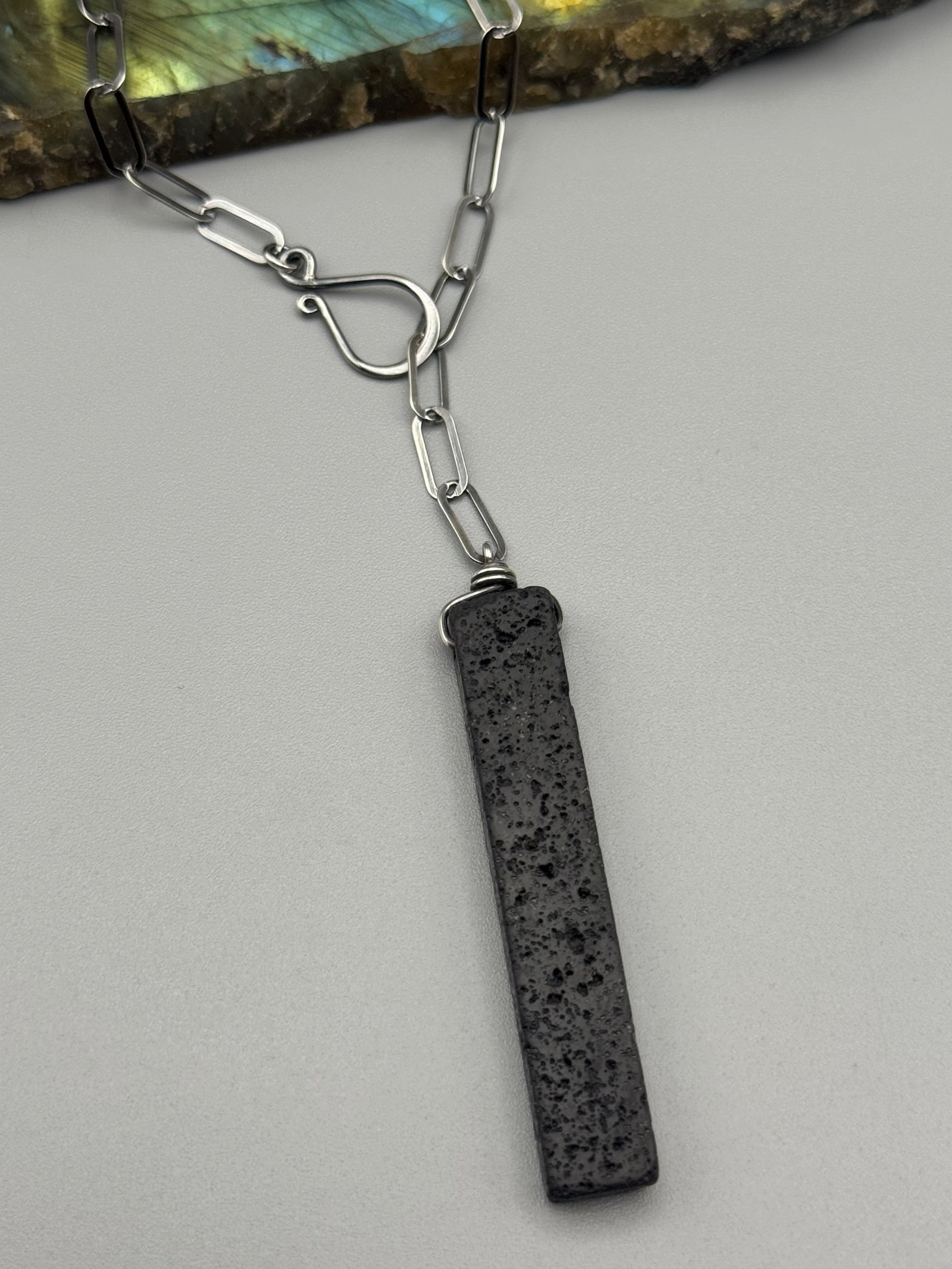 •LINKED• black lava + silver necklace (ADJ to 19")