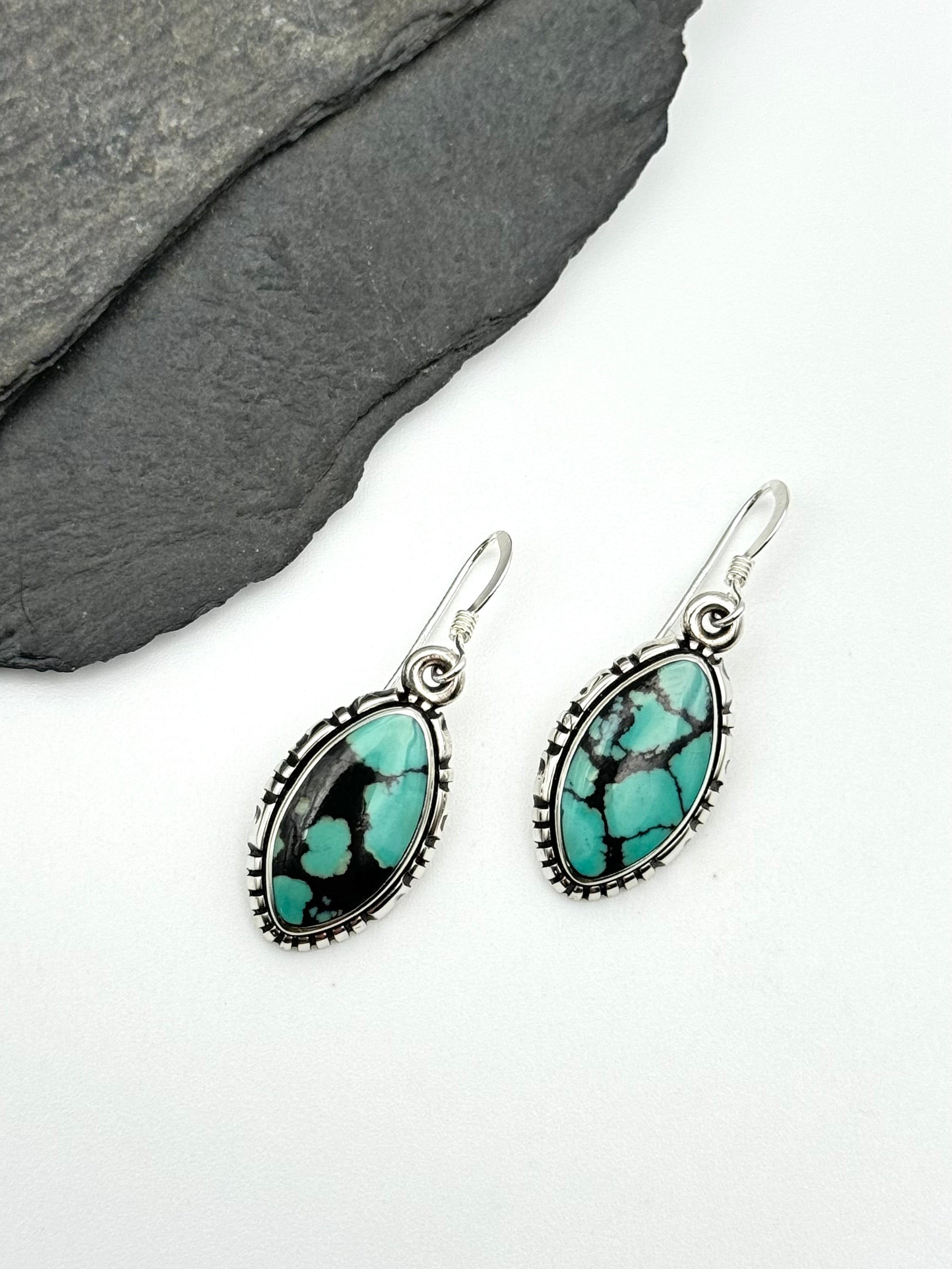 •CHINESE TURQUOISE MARQUISE• Navajo silver dangle earrings