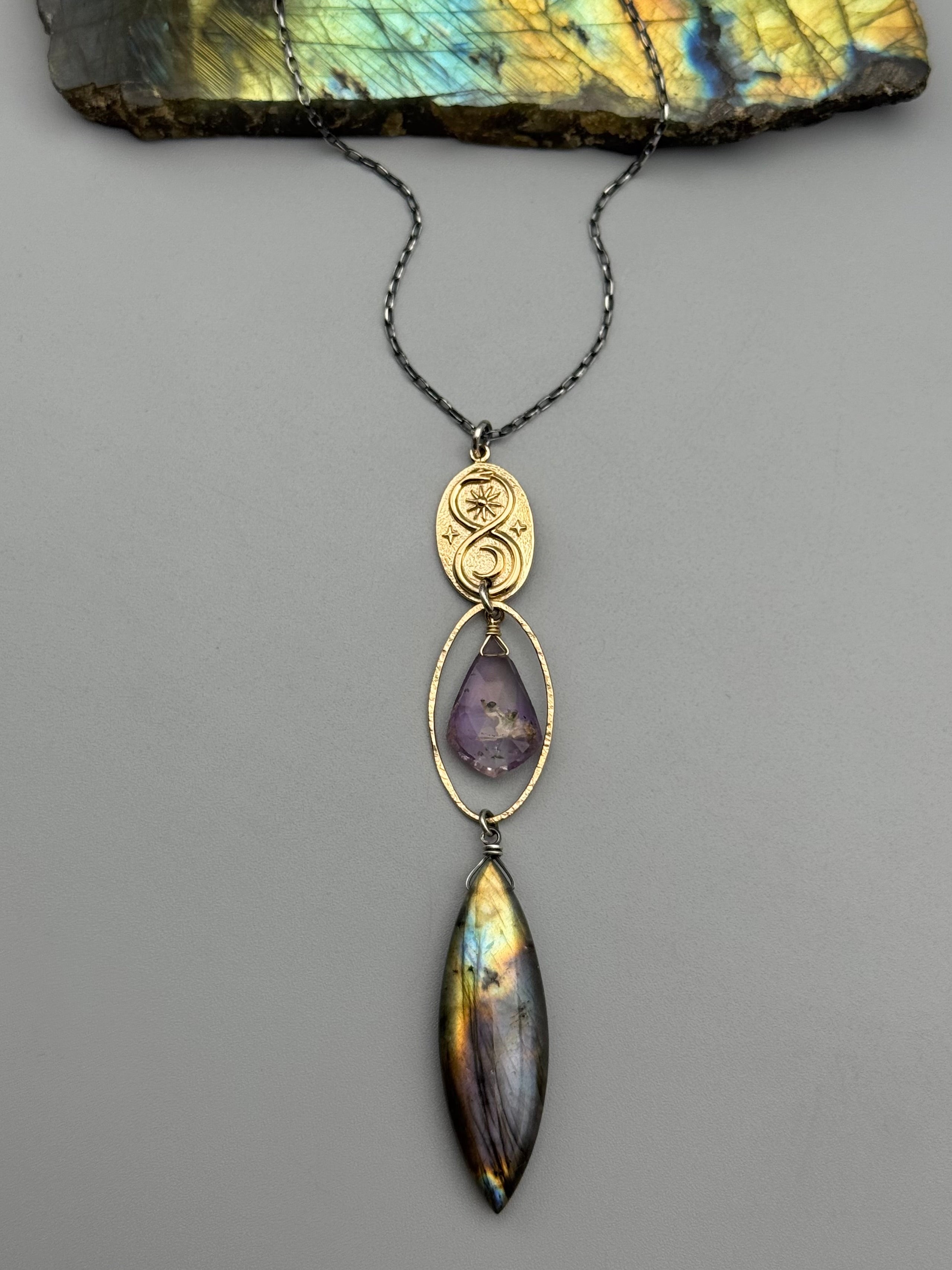 •NĀGA• amethyst + labradorite mixed metal necklace (26"-28" long)