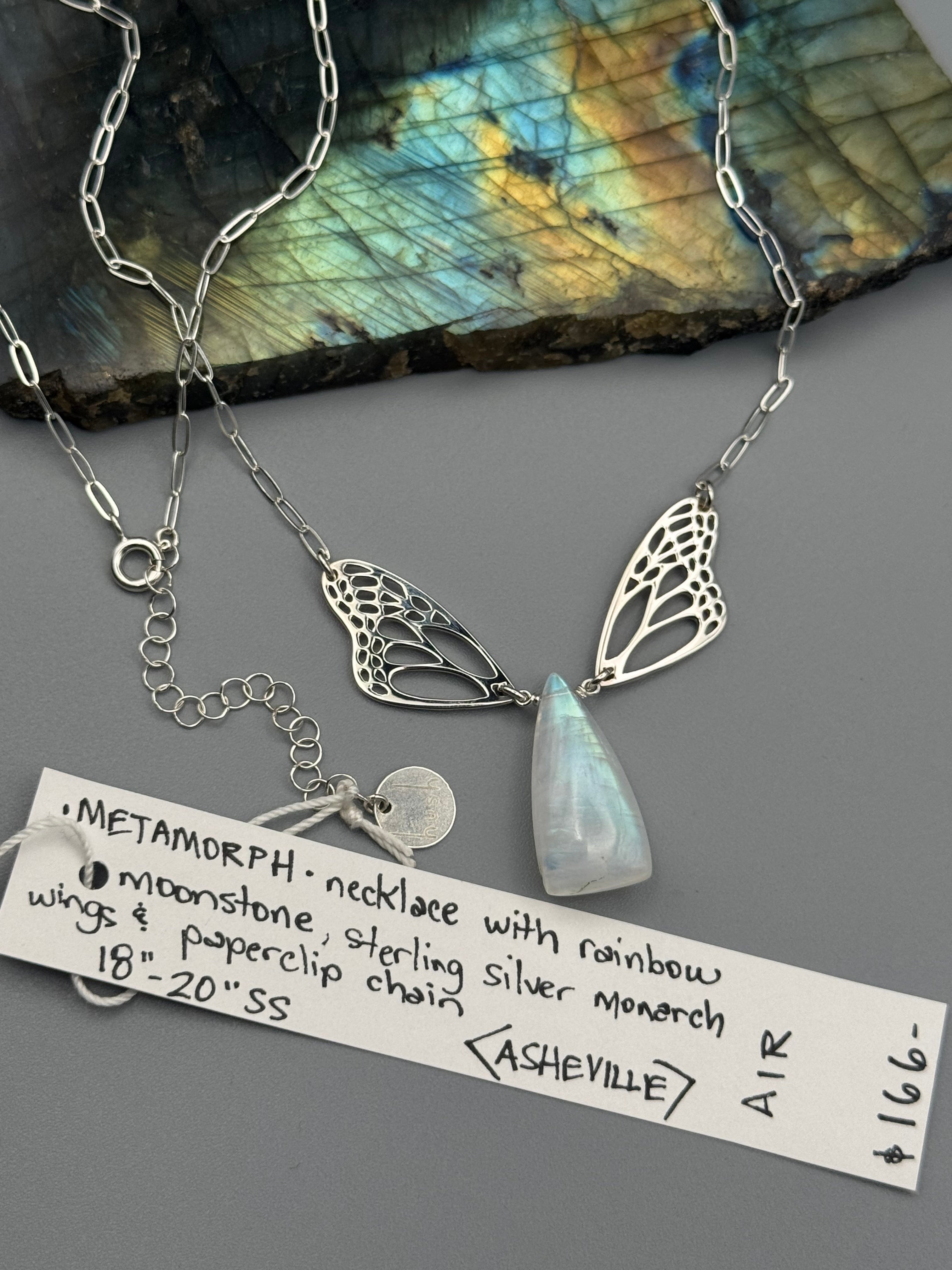 •METAMORPH• rainbow moonstone soft triangle + silver necklace (18"-20" long)