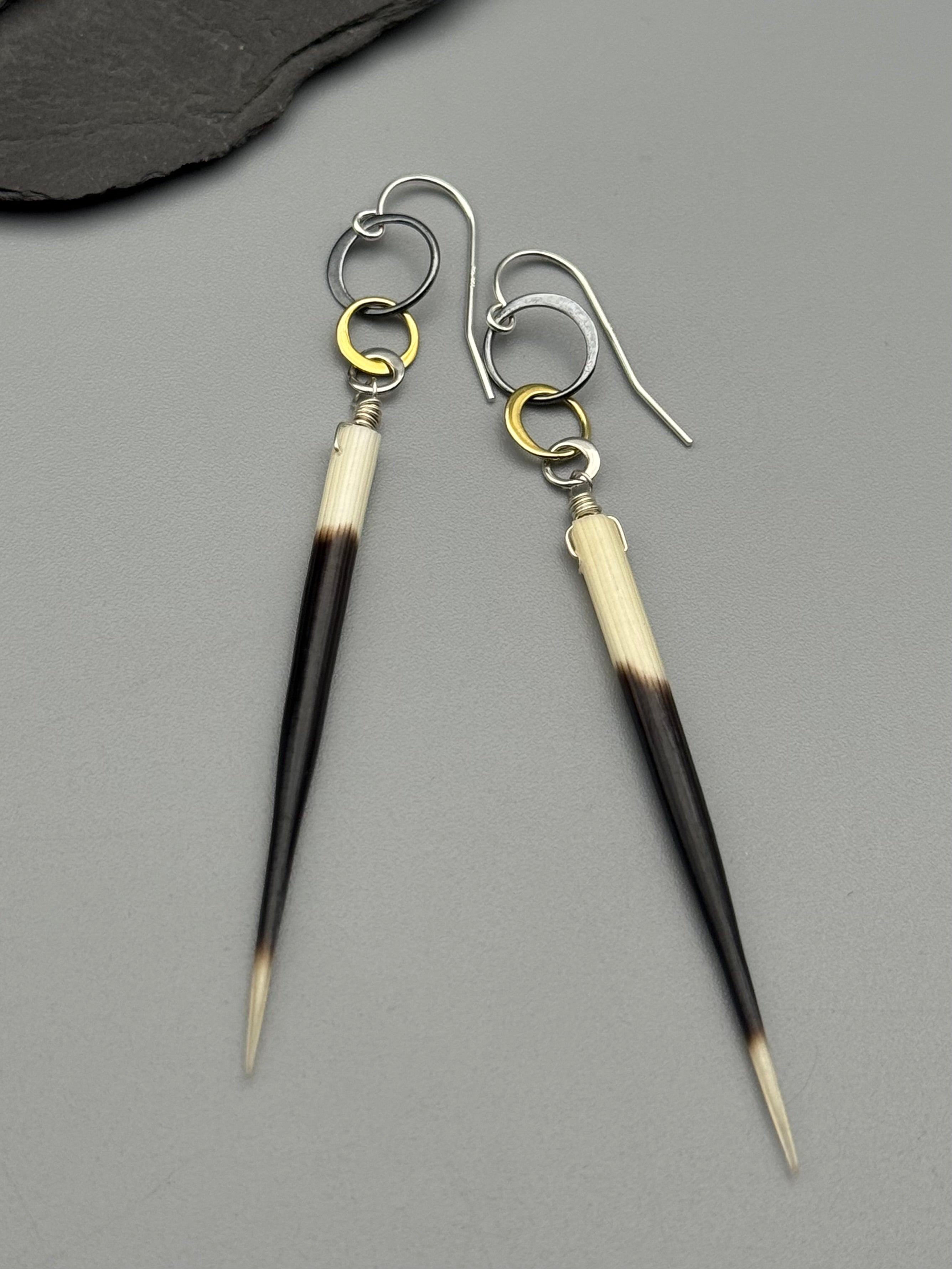 •TRIPLE HOOP• porcupine quill + mixed metal earrings