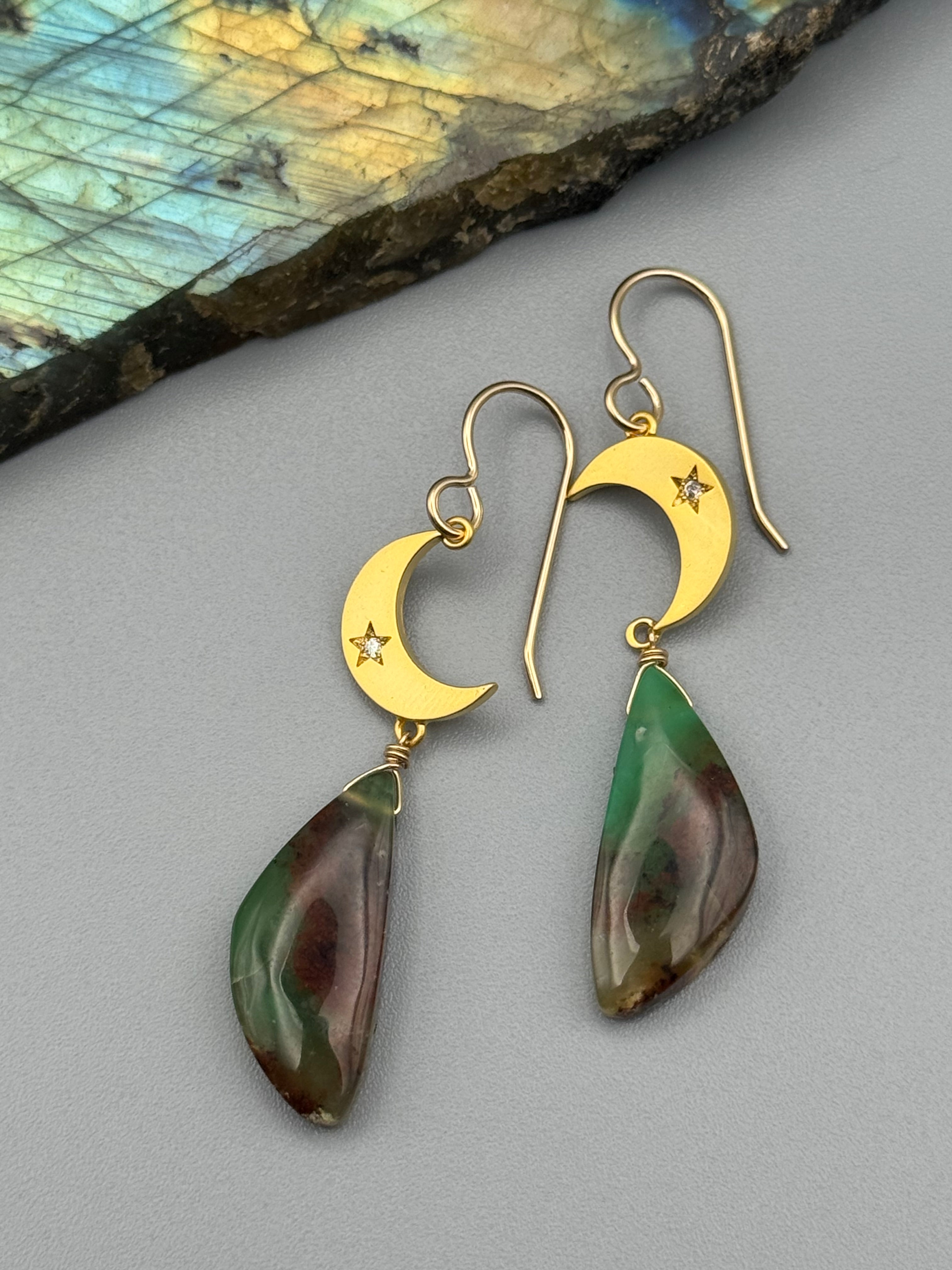 •CRYSTAL CRESCENT• chrysoprase wing + gold earrings