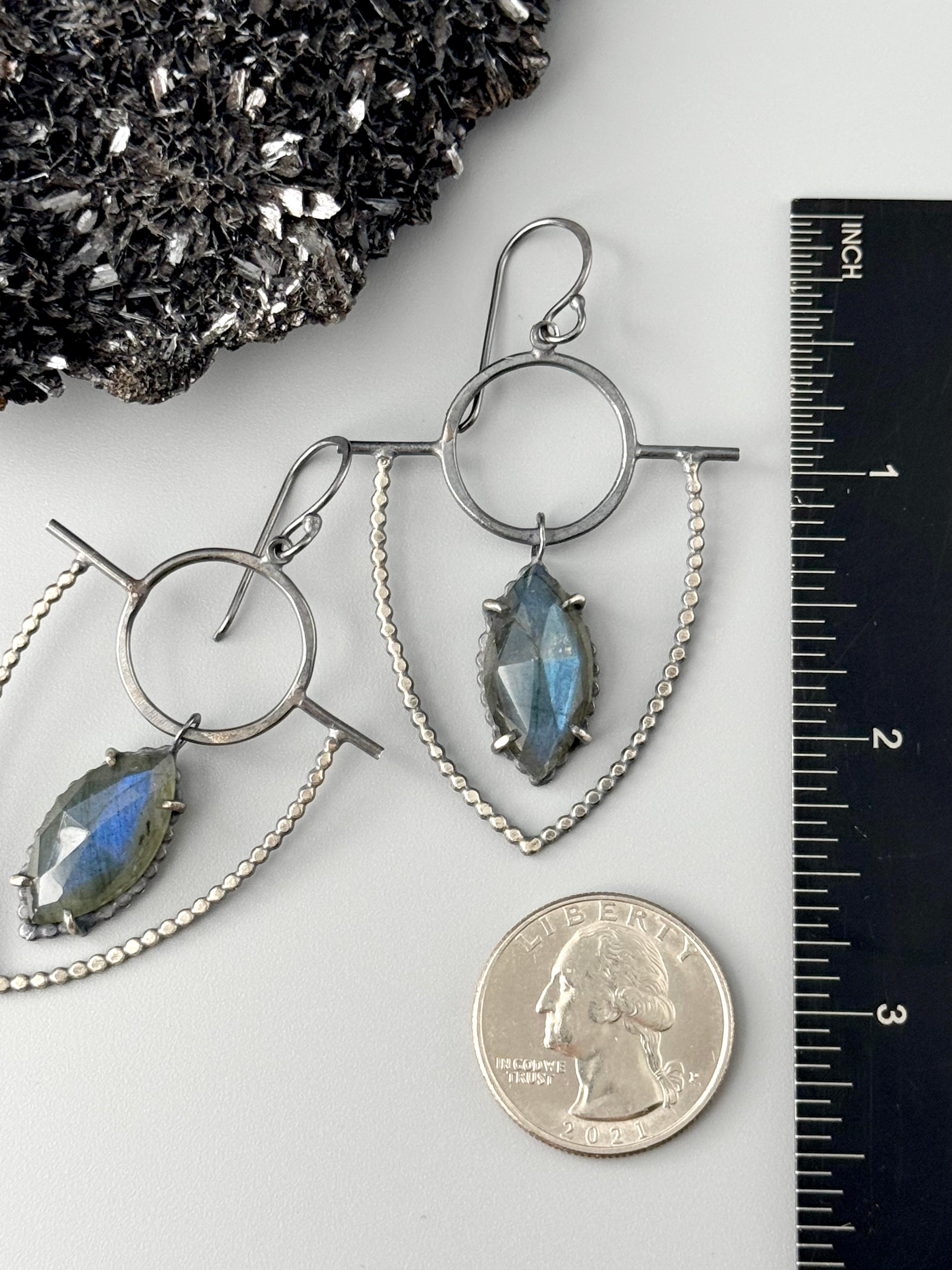 •DOTTED SHIELD• labradorite + silver dangle earrings