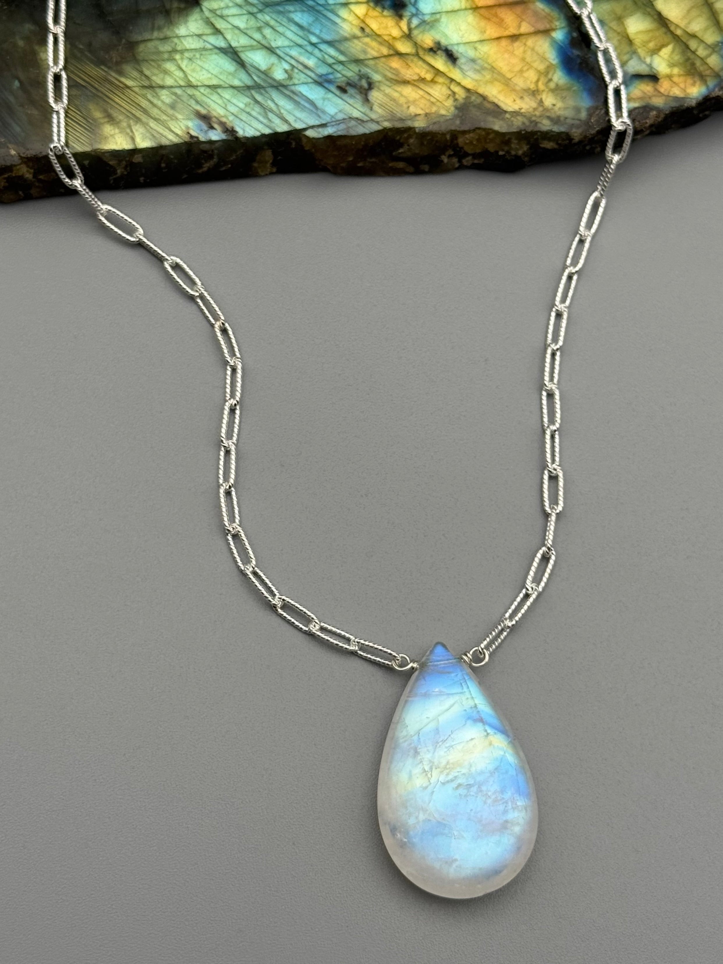 •AEON• rainbow moonstone + silver necklace (18"-20" long)