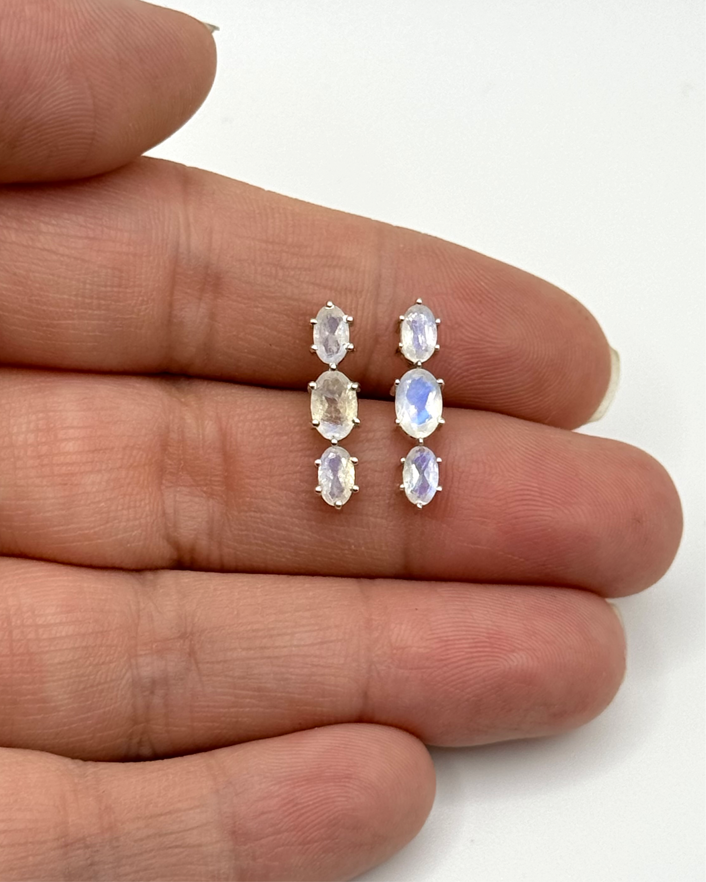 •RAINBOW MOONSTONE - FACETED TRIO• silver prong set stud earrings