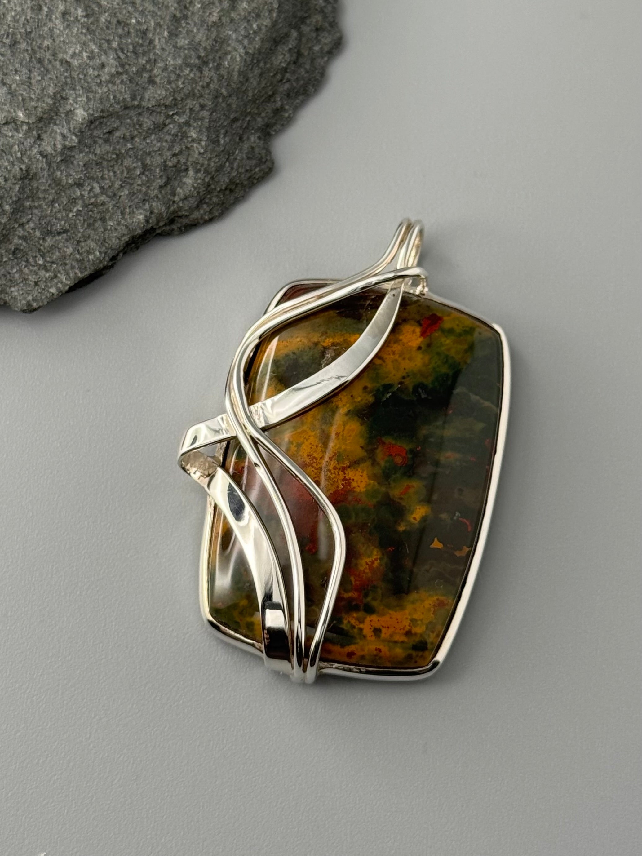 •BLOODSTONE - WIRE WRAPPED SQUARE• sterling silver pendant