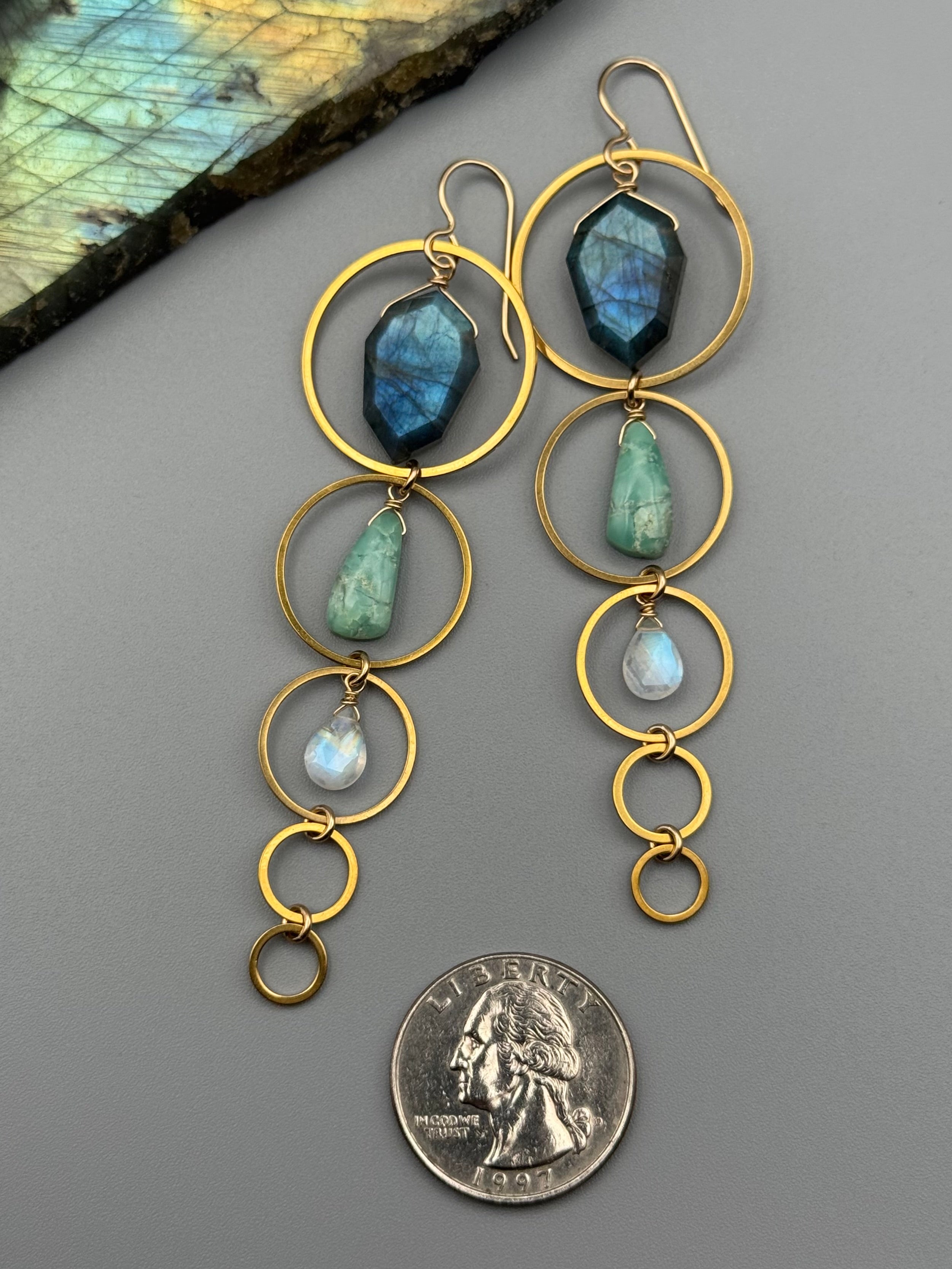 •10 OF CUPS• labradorite + chrysoprase + rainbow moonstone gold earrings