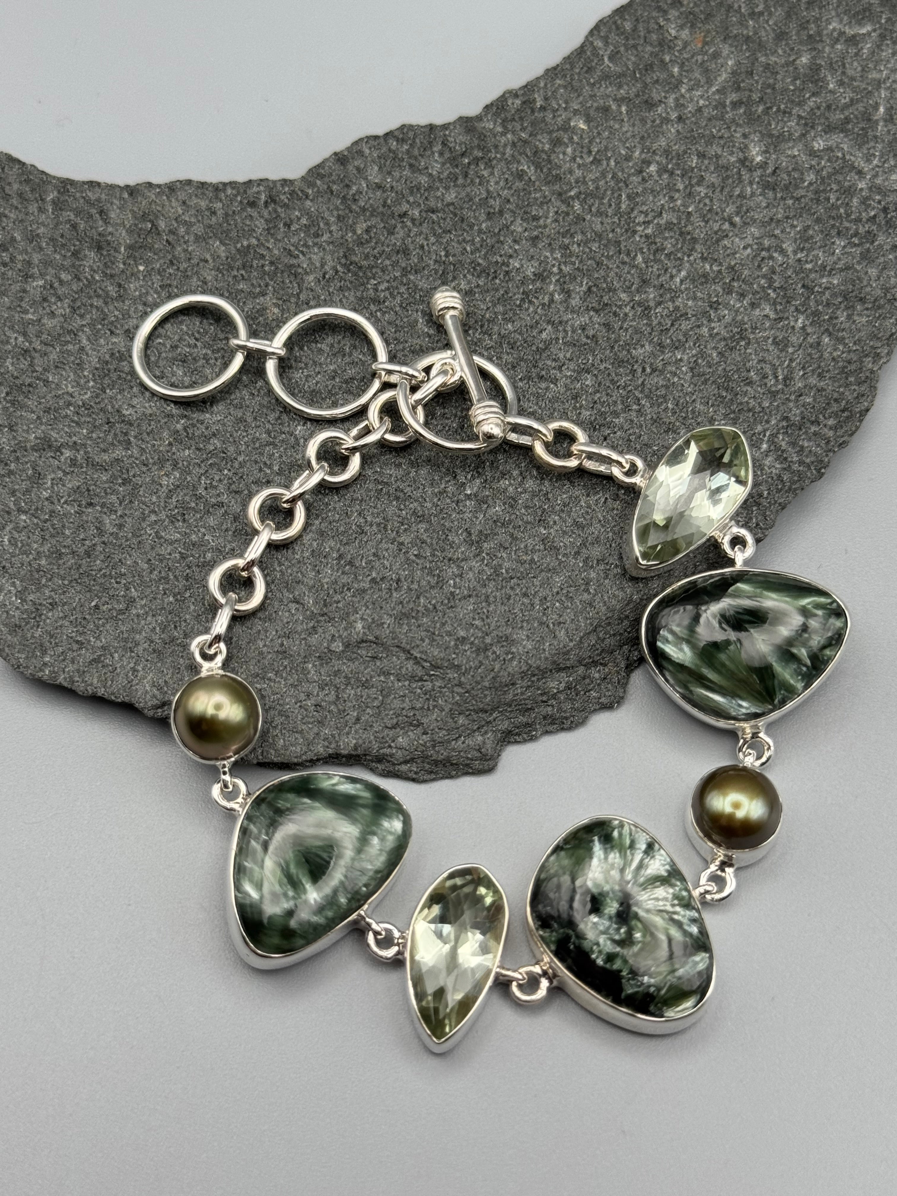 •SERAPHINITE - MULTI-STONE• linked silver bracelet (7.25" - 8.5")