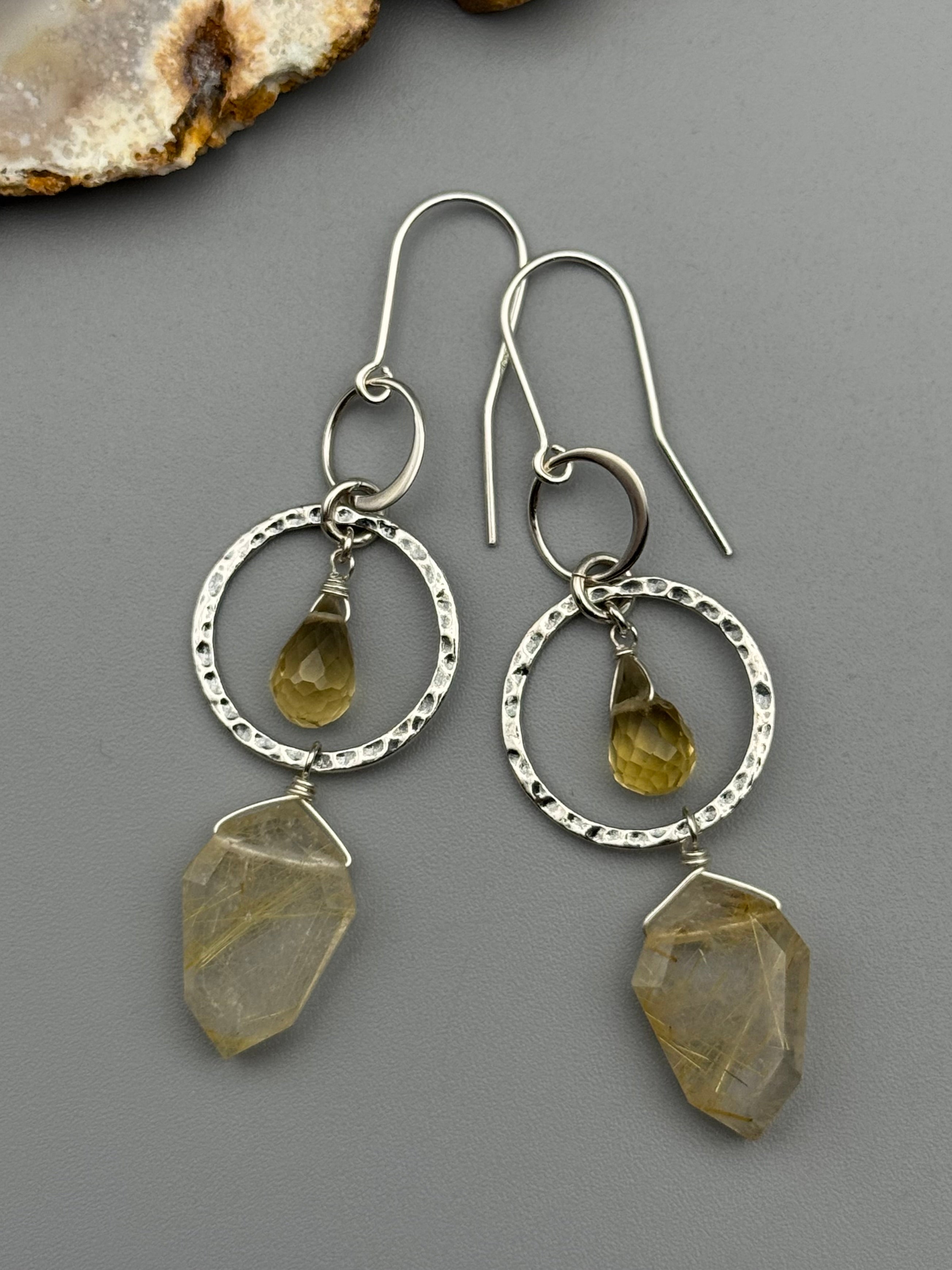 •EQUA-LUNA• lemon quartz + rutilated quartz silver earrings