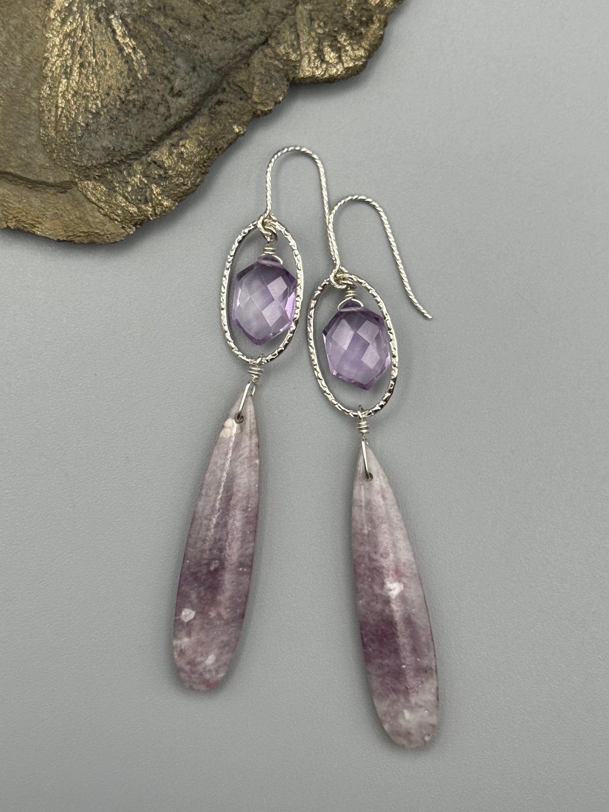 •LUNA• tourmaline in lepidolite + amethyst silver earrings