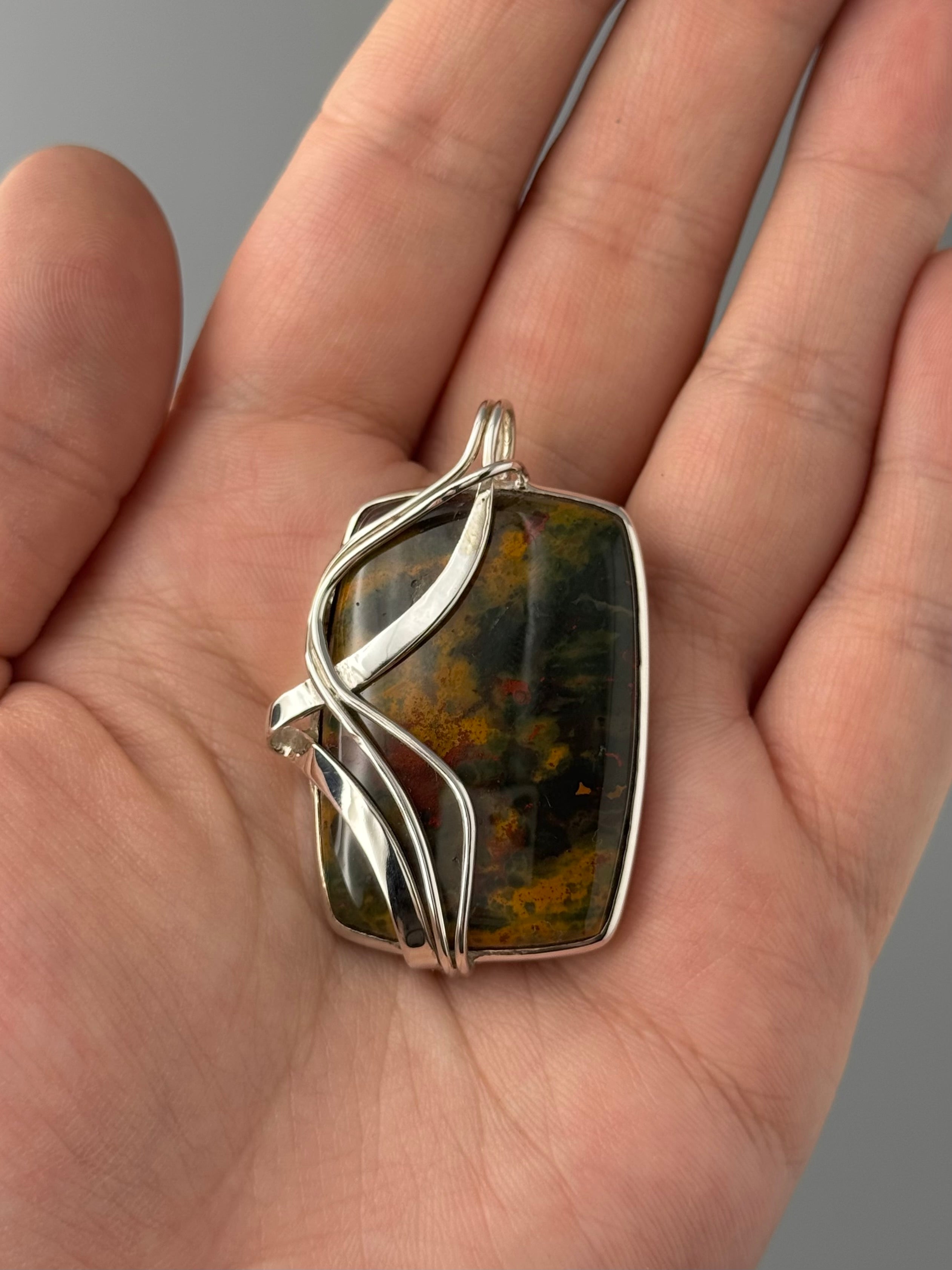 •BLOODSTONE - WIRE WRAPPED SQUARE• sterling silver pendant