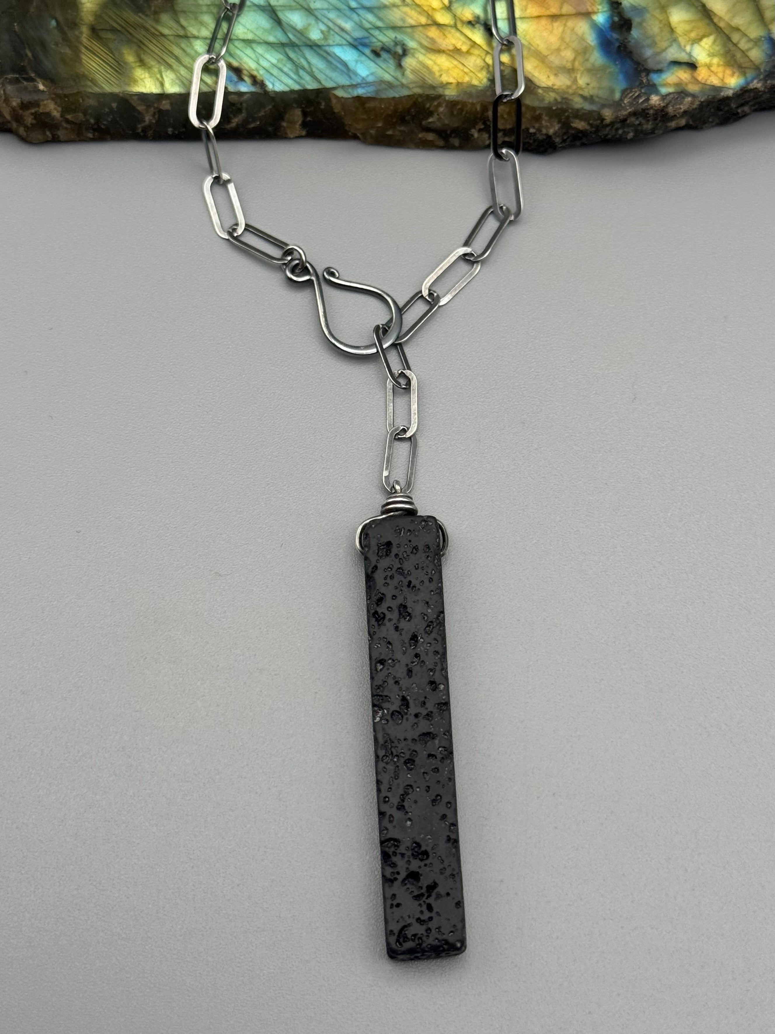 •LINKED• black lava + silver necklace (ADJ to 19")