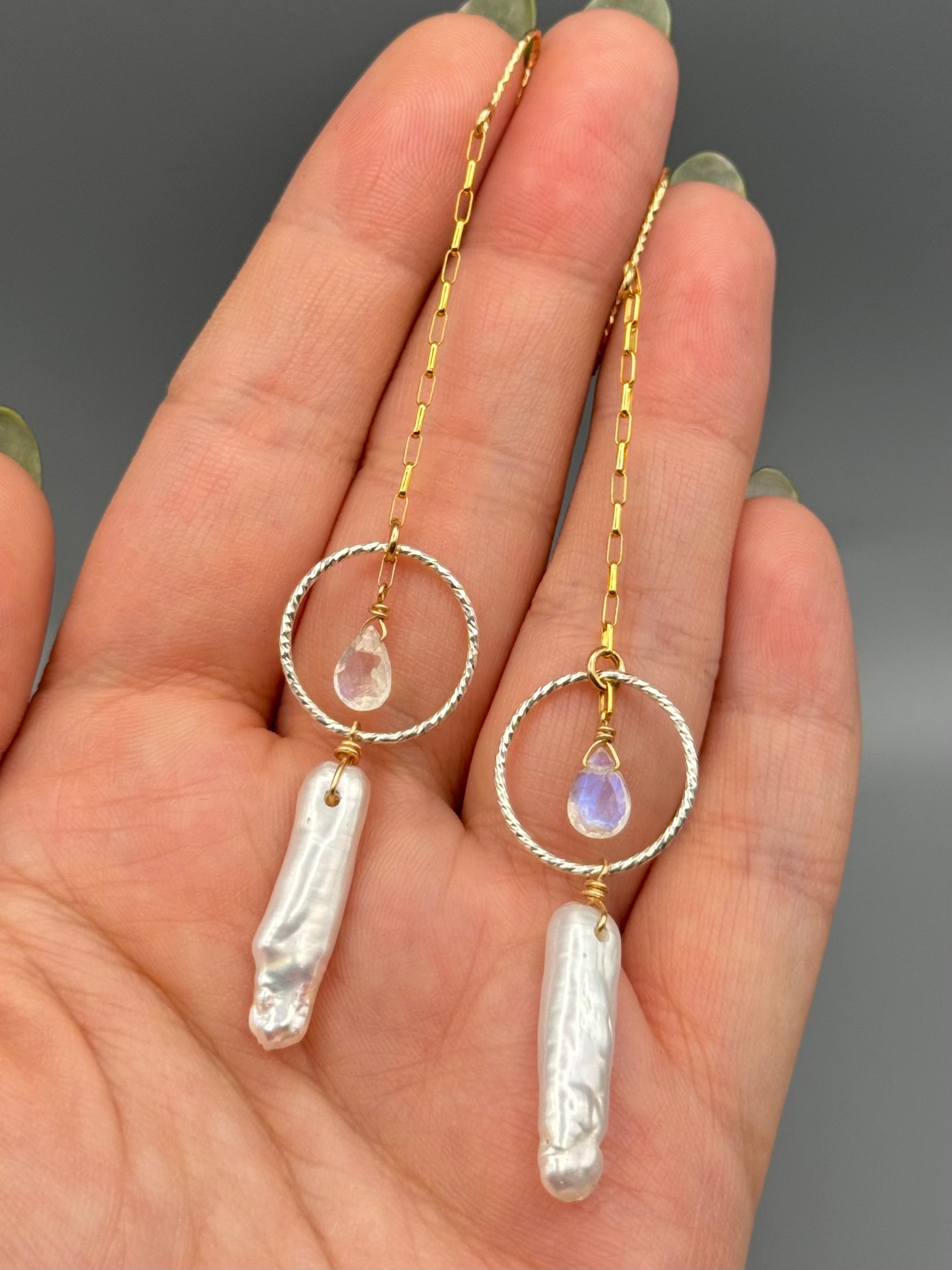 •LINKED LUNA• rainbow moonstone + freshwater pearl mixed metal earrings