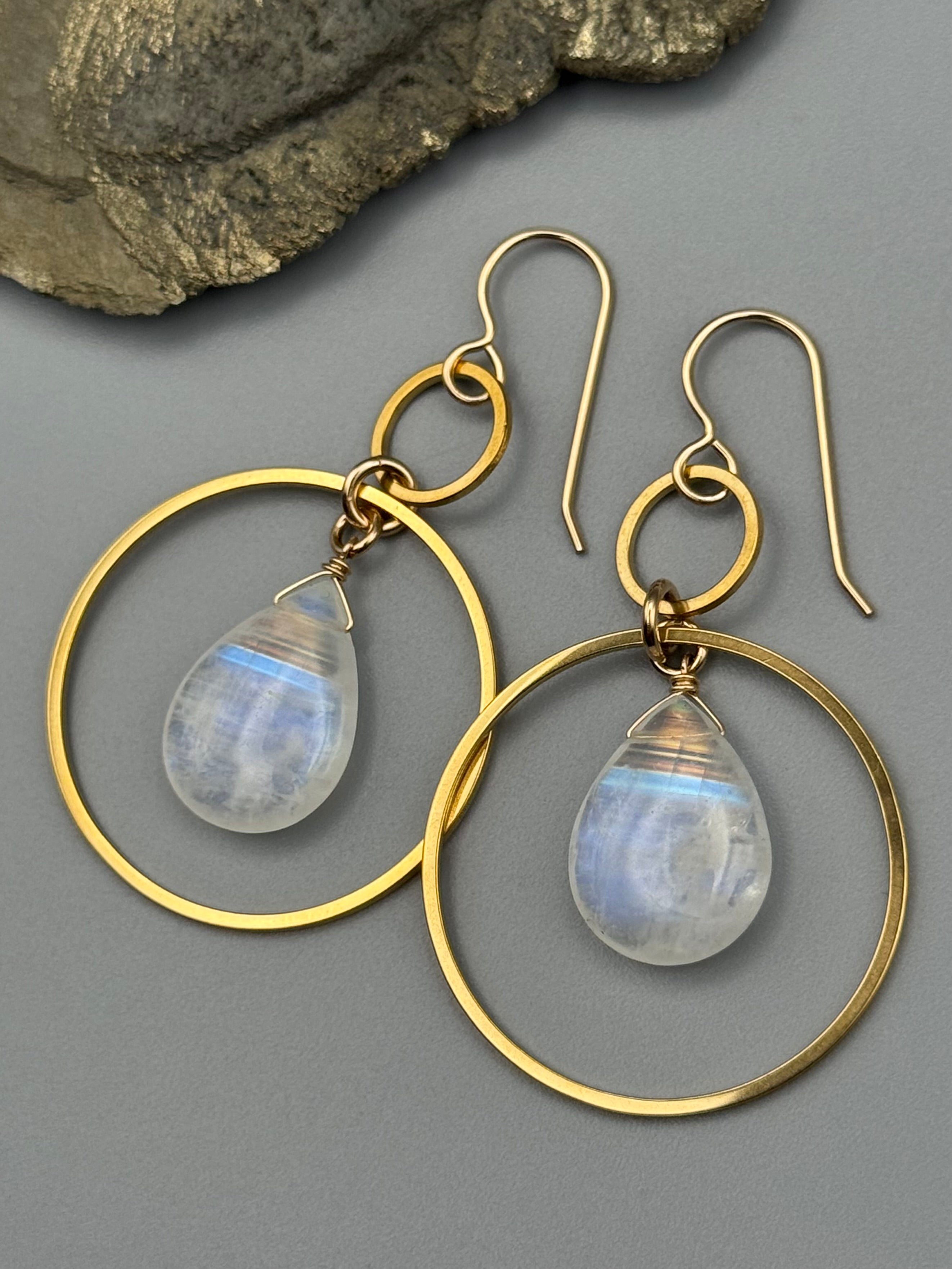 •EQUA-LUNA• rainbow moonstone tear + gold earrings