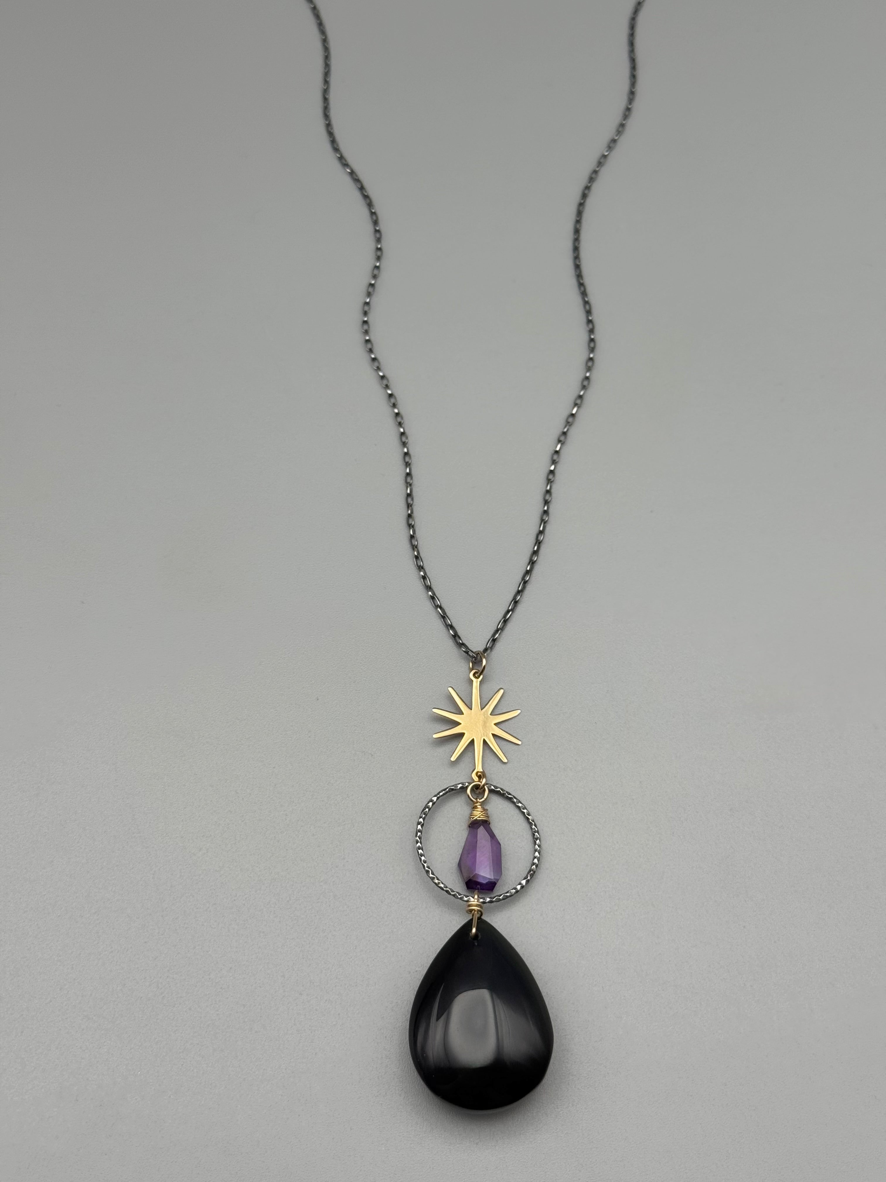 •NYX• rainbow obsidian + amethyst mixed metal necklace (26"-28" long)