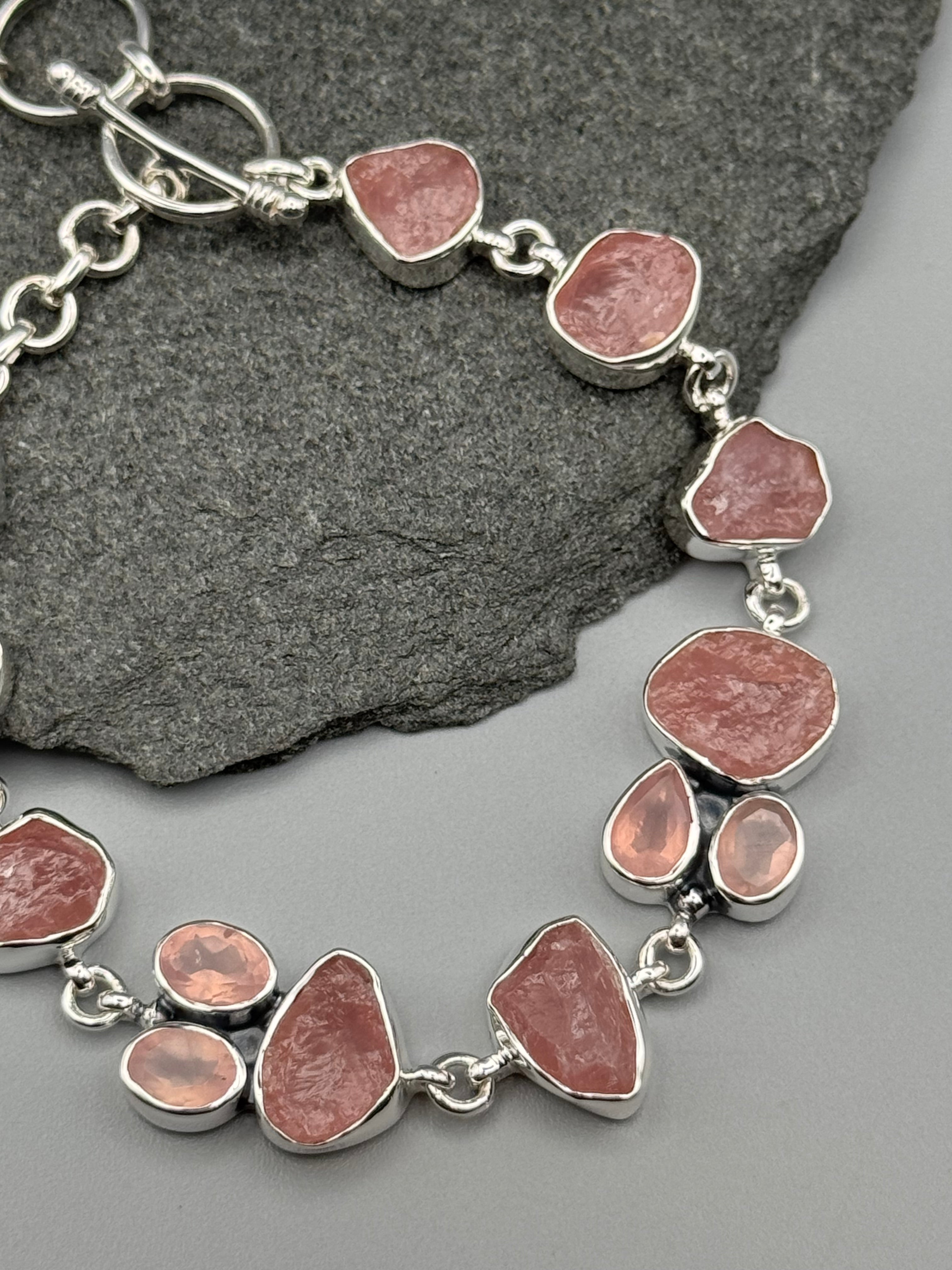 •ROSE QUARTZ - CLUSTER• linked silver bracelet (7.5" - 8.5")