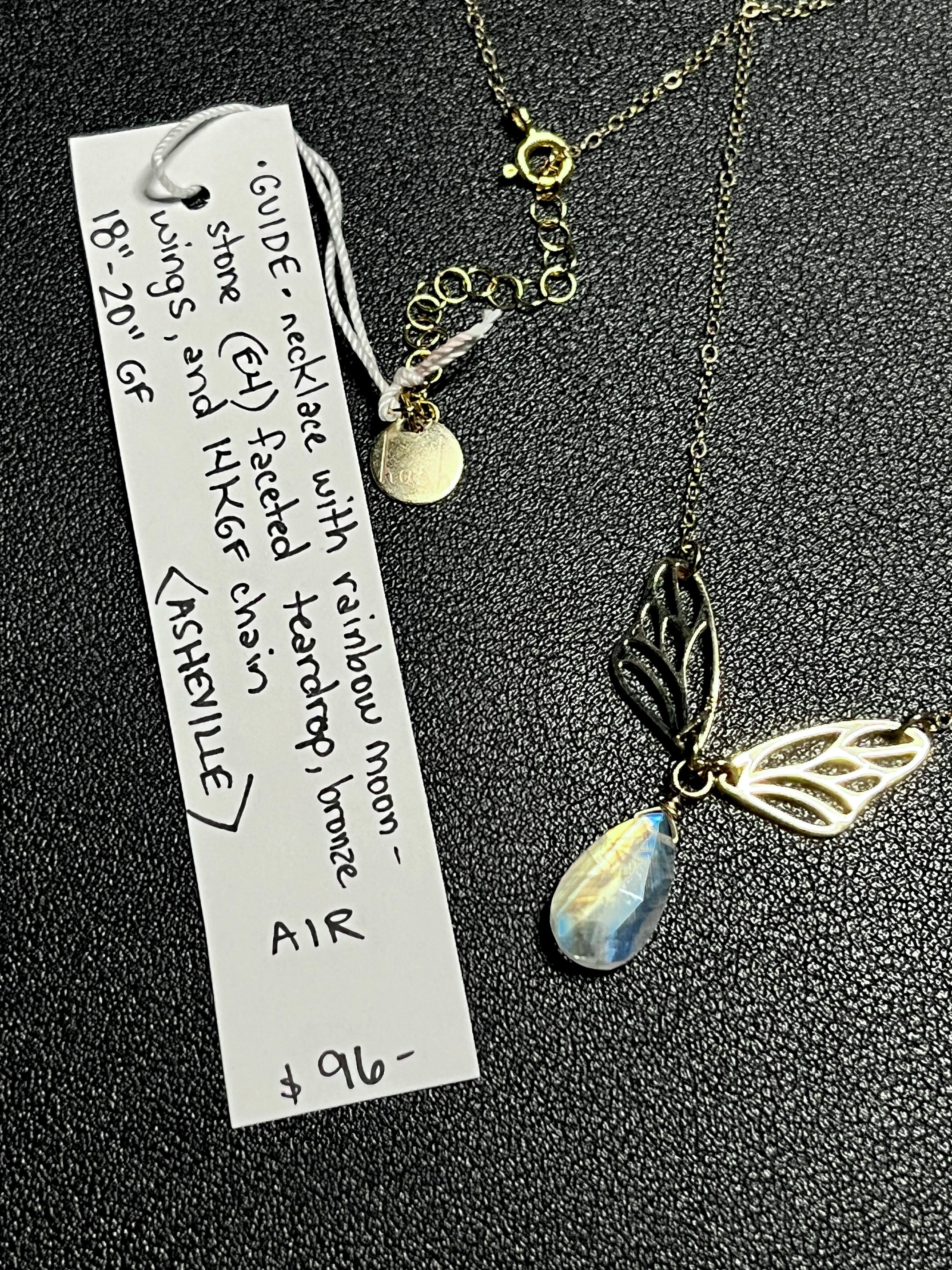 •GUIDE• rainbow moonstone + wings + gold necklace (18"-20")