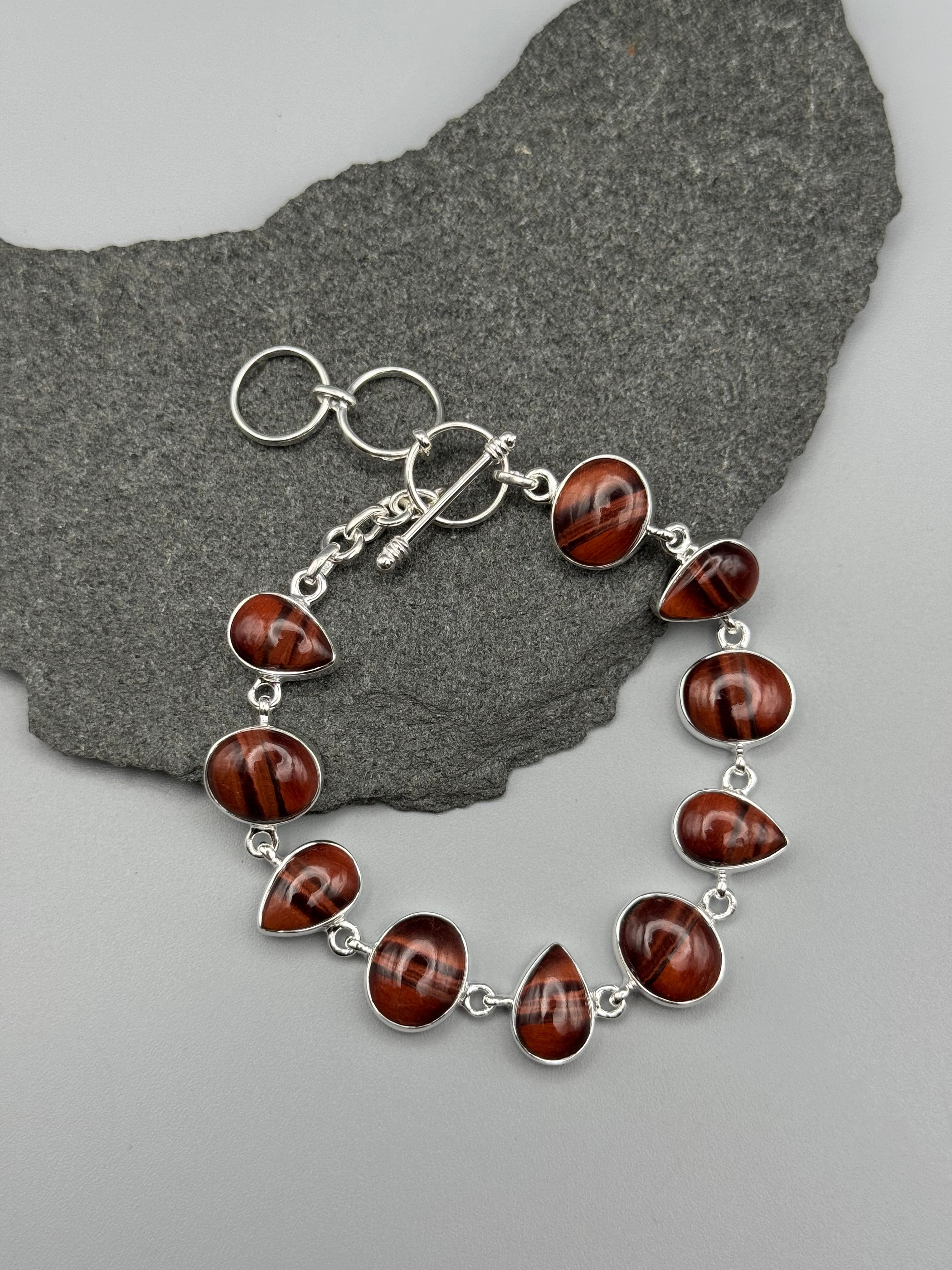 •RED TIGER EYE - GEO MIX• linked silver bracelet (7" - 8.25")
