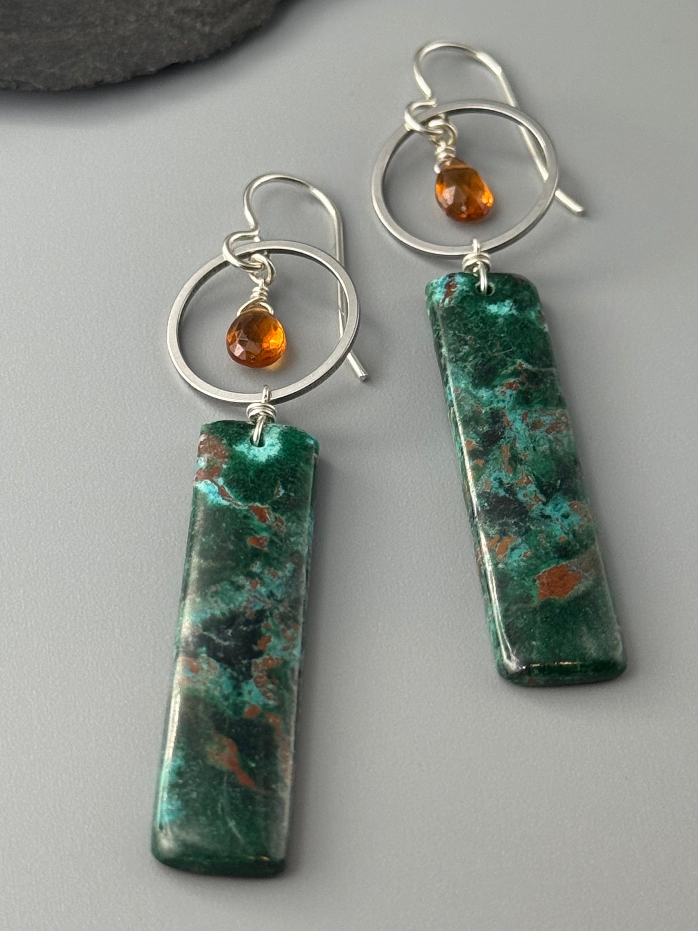 •LUNA• hessonite garnet + malachite silver earrings