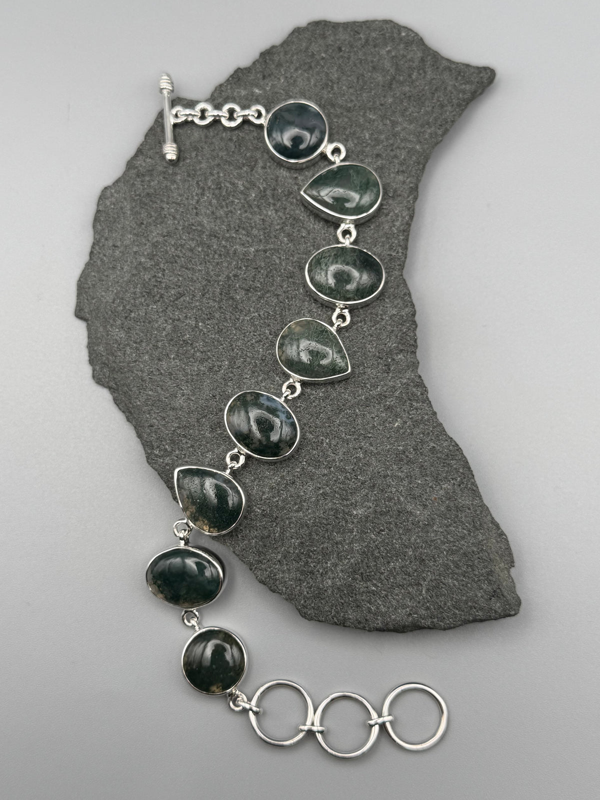 •MOSS AGATE - GEO MIX• linked silver bracelet (7.5" - 9")