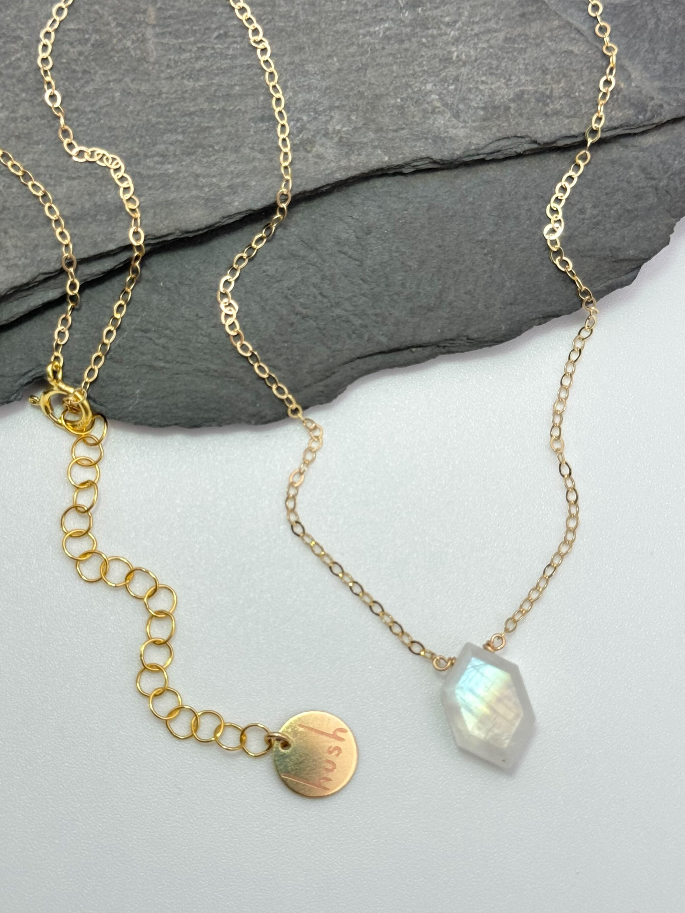 •STRAY• faceted rainbow moonstone lil' hex + gold necklace (various lengths)
