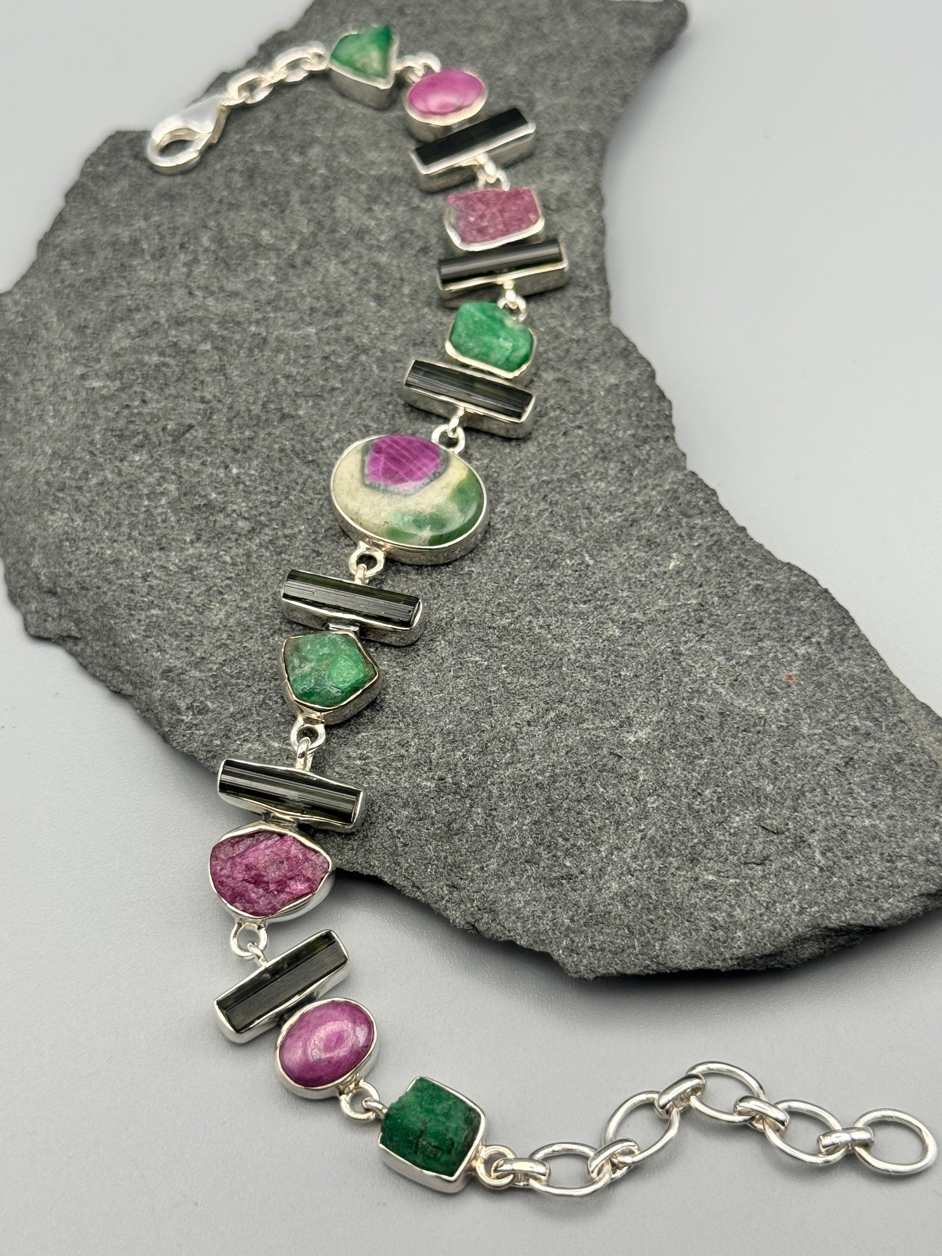 •RUBY FUCHSITE - MULTI-STONE• linked silver bracelet (7.5" - 9")