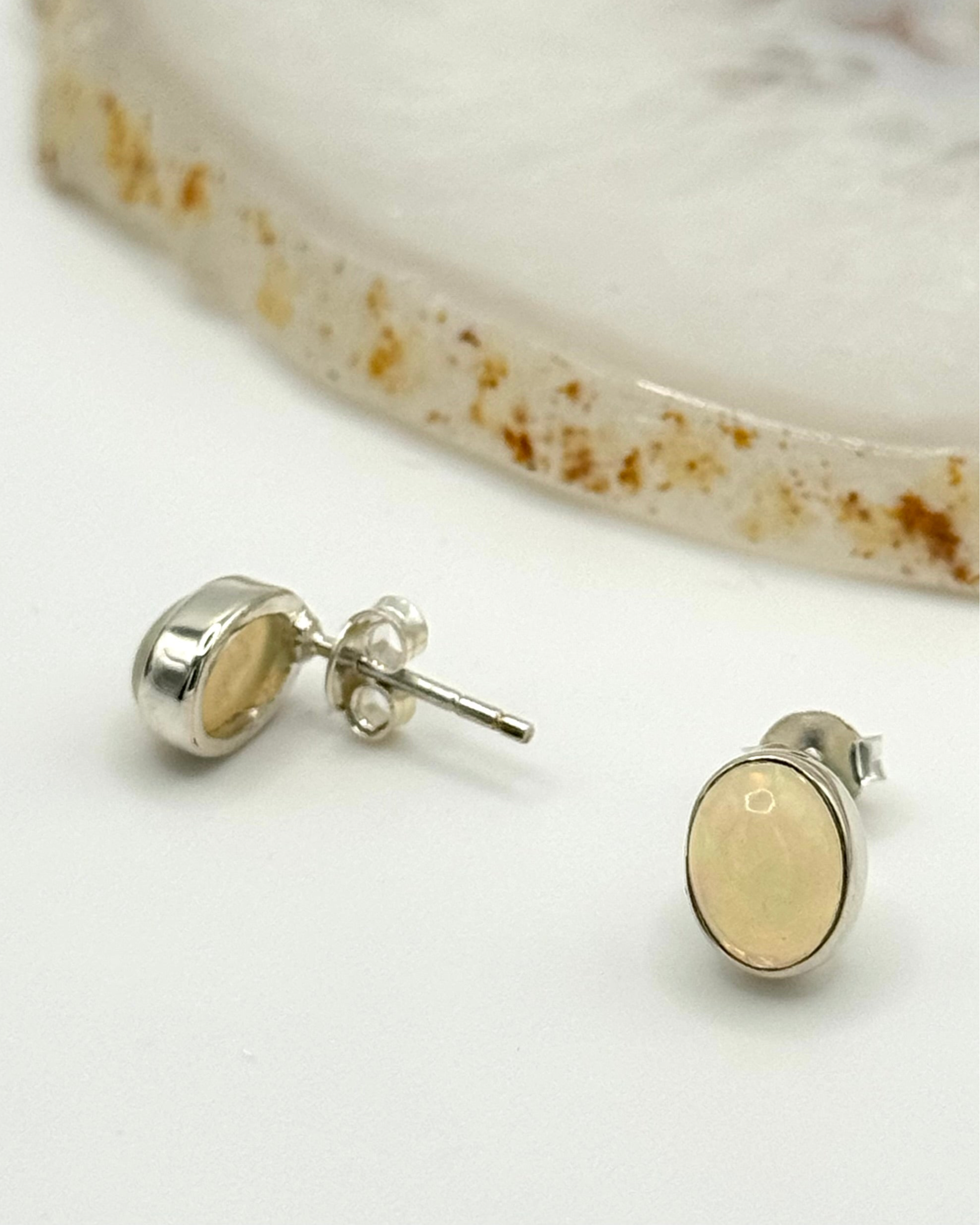 •ETHIOPIAN OPAL - LIL' OVAL• silver bezel set stud earrings