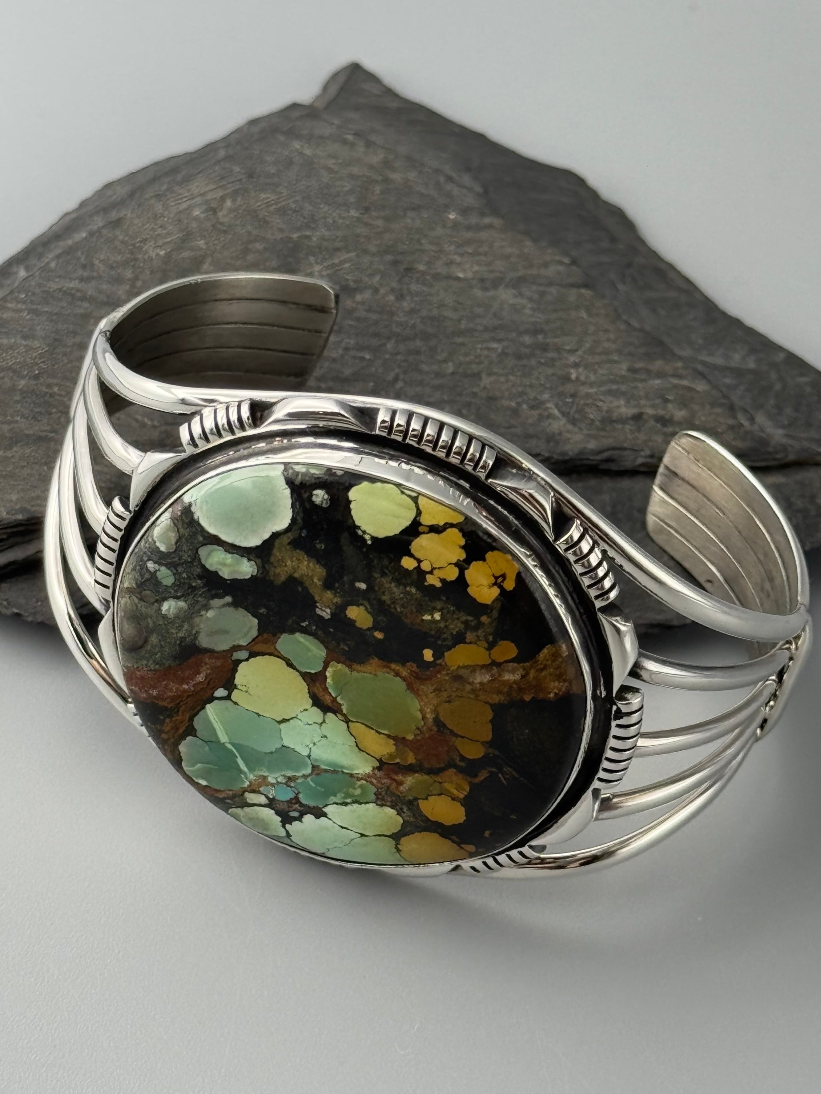 •BLACKJACK TURQUOISE - MOUNTAIN FEATHERS - 2• Navajo sterling silver cuff bracelet (7.5" +/-)