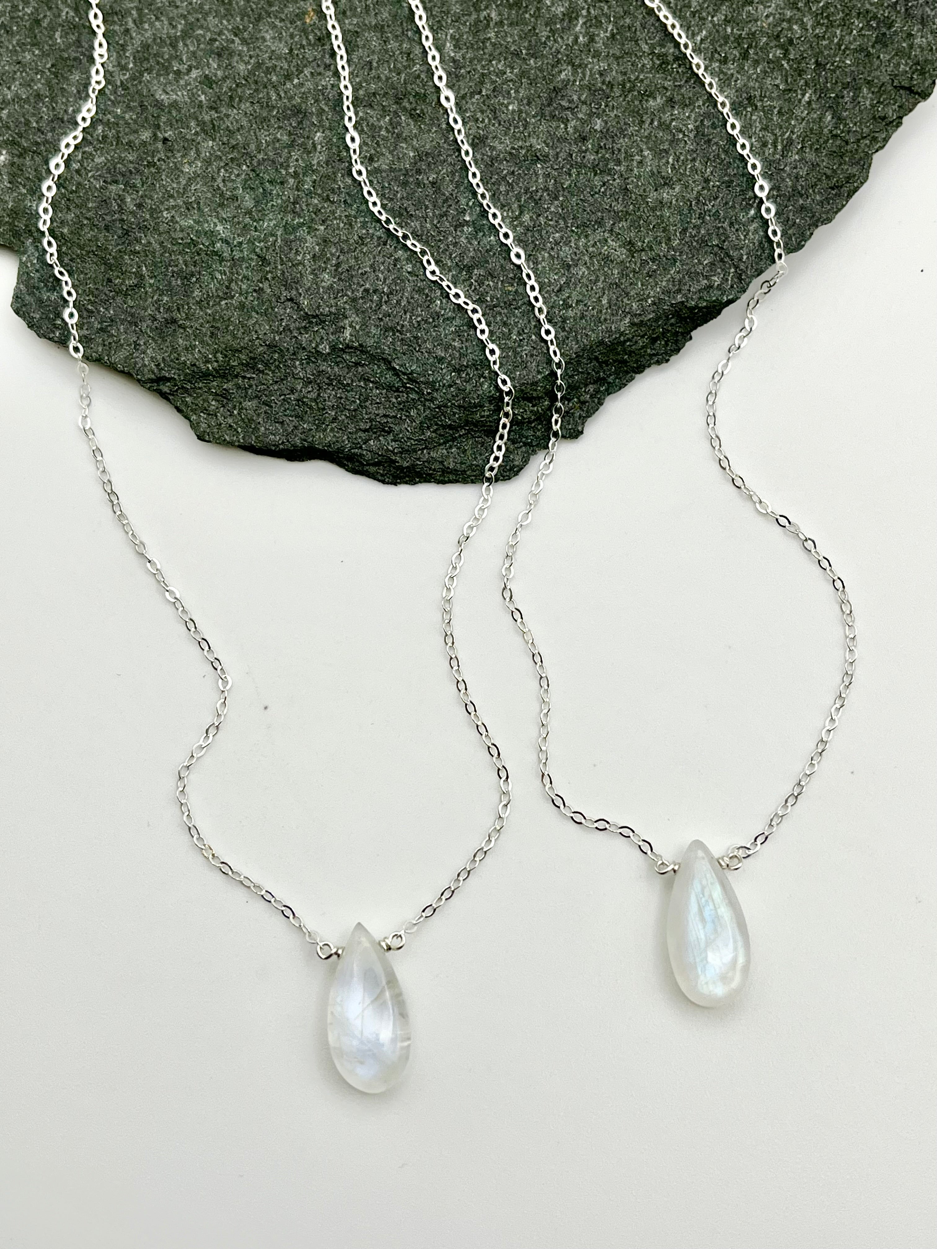 •STRAY• rainbow moonstone teardrop + silver necklace (various lengths)