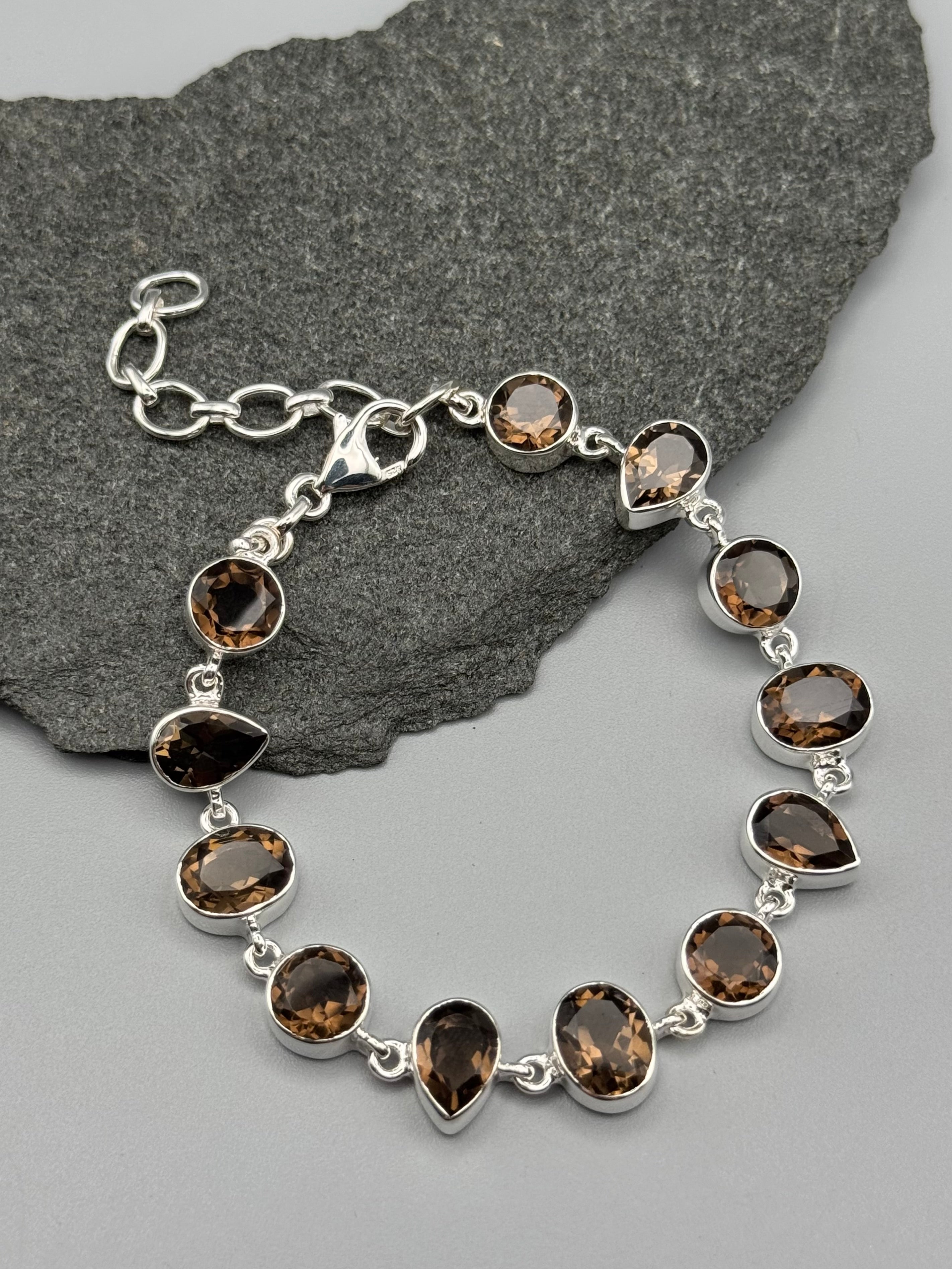 •SMOKY QUARTZ - GEO MIX• linked silver bracelet (7.25" - 9")