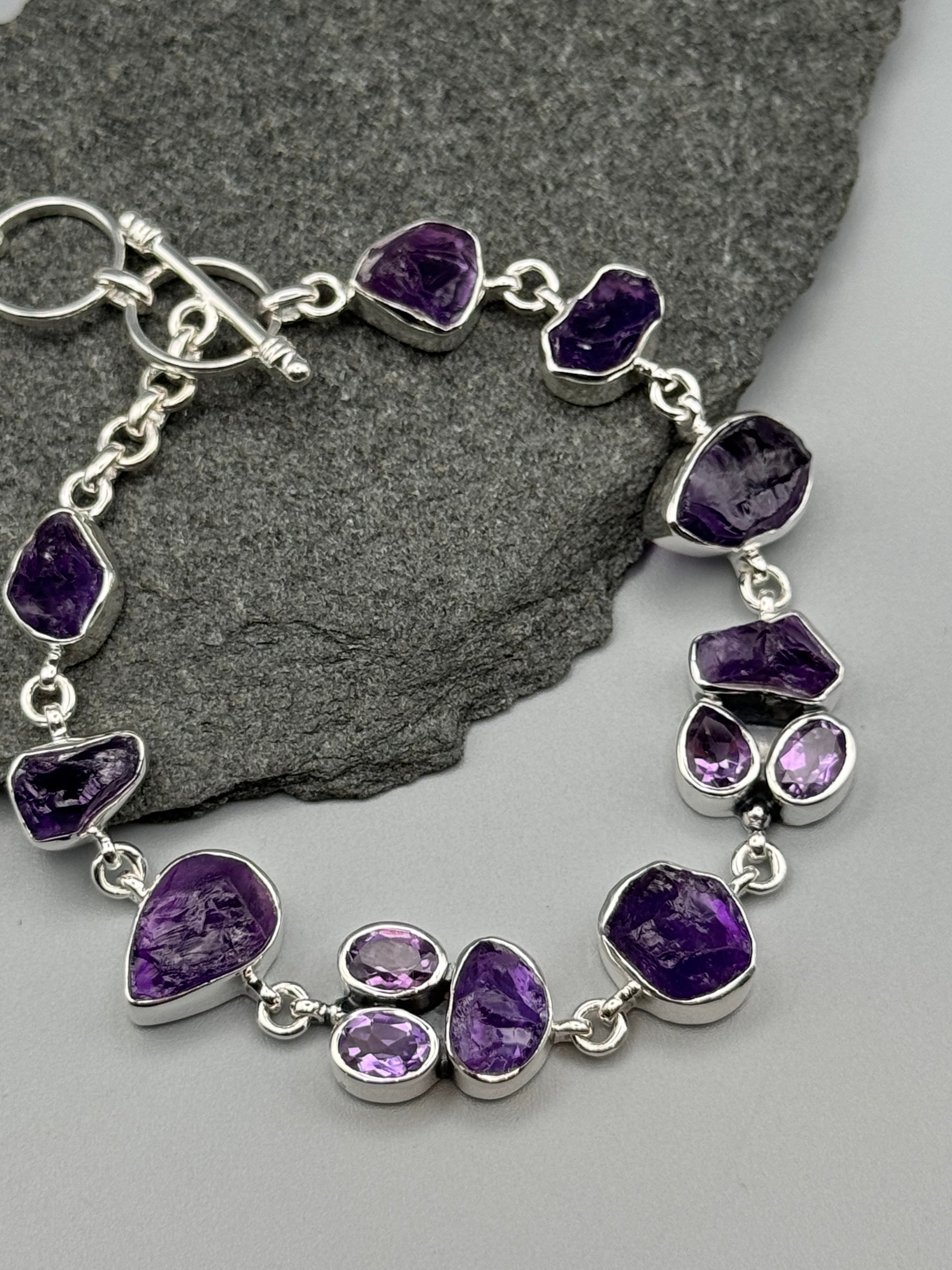 •AMETHYST - CLUSTER• linked silver bracelet (7.25" - 8.5")