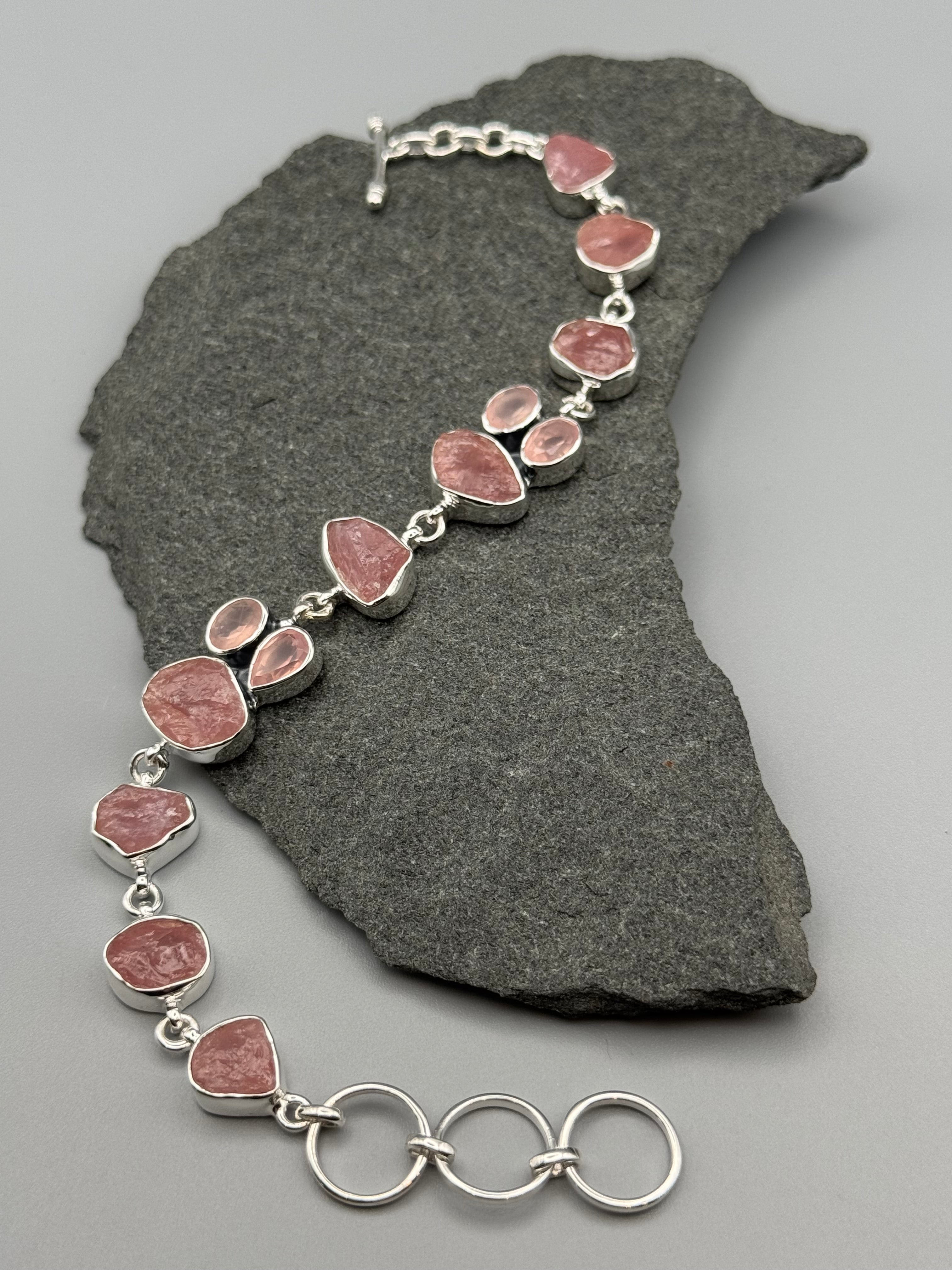 •ROSE QUARTZ - CLUSTER• linked silver bracelet (7.5" - 8.5")