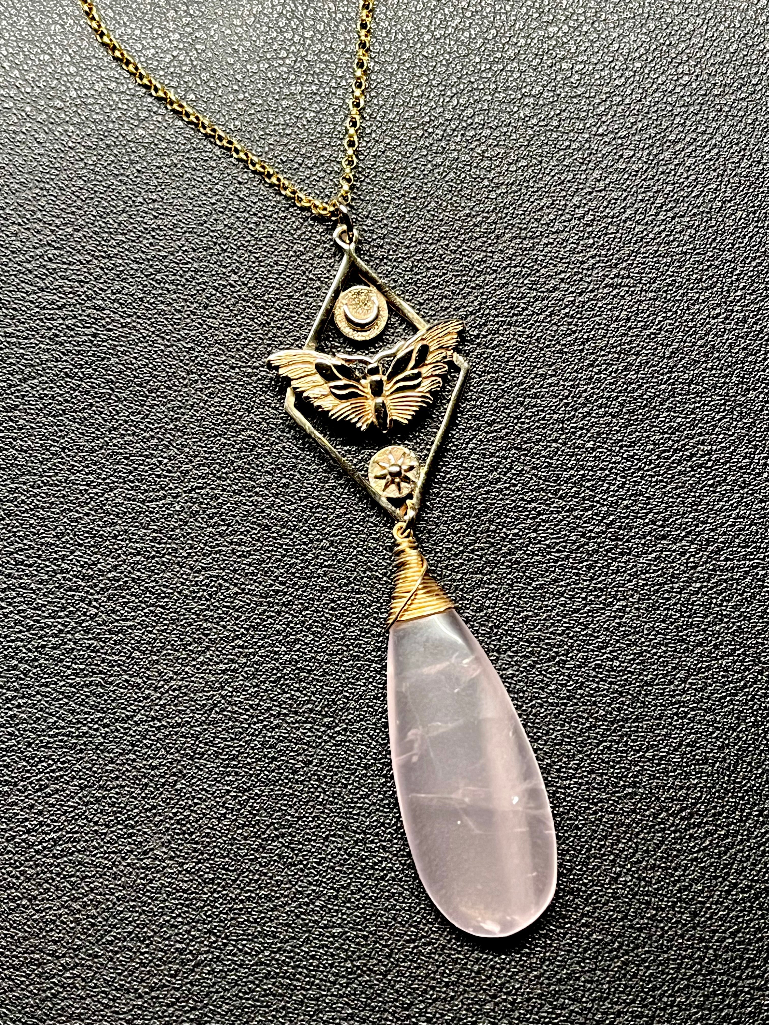 •GUIDE• rose quartz + moth + gold necklace (18"-20")