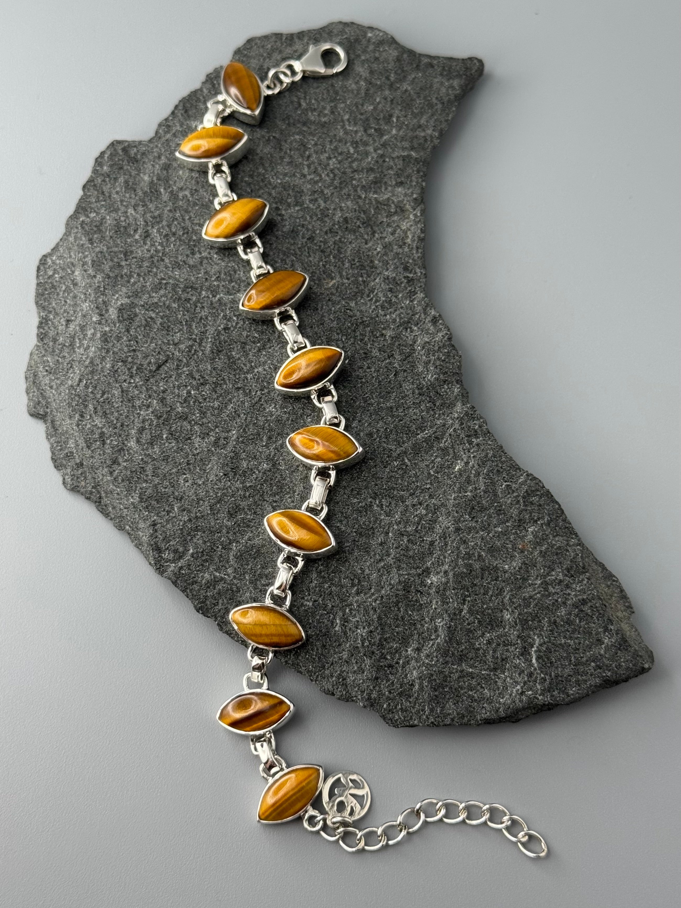 •TIGER EYE - MARQUISE• linked silver bracelet (7" - 8")