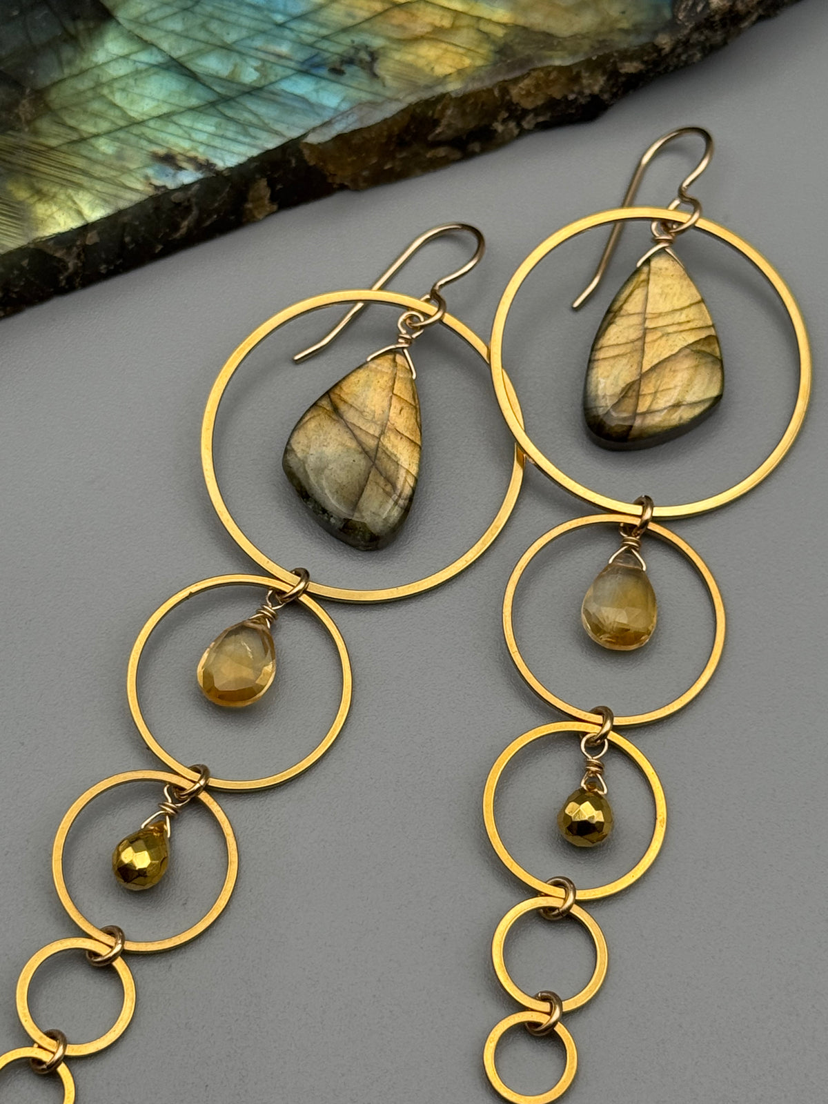 •TEN OF CUPS• golden labradorite + citrine + pyrite gold earrings