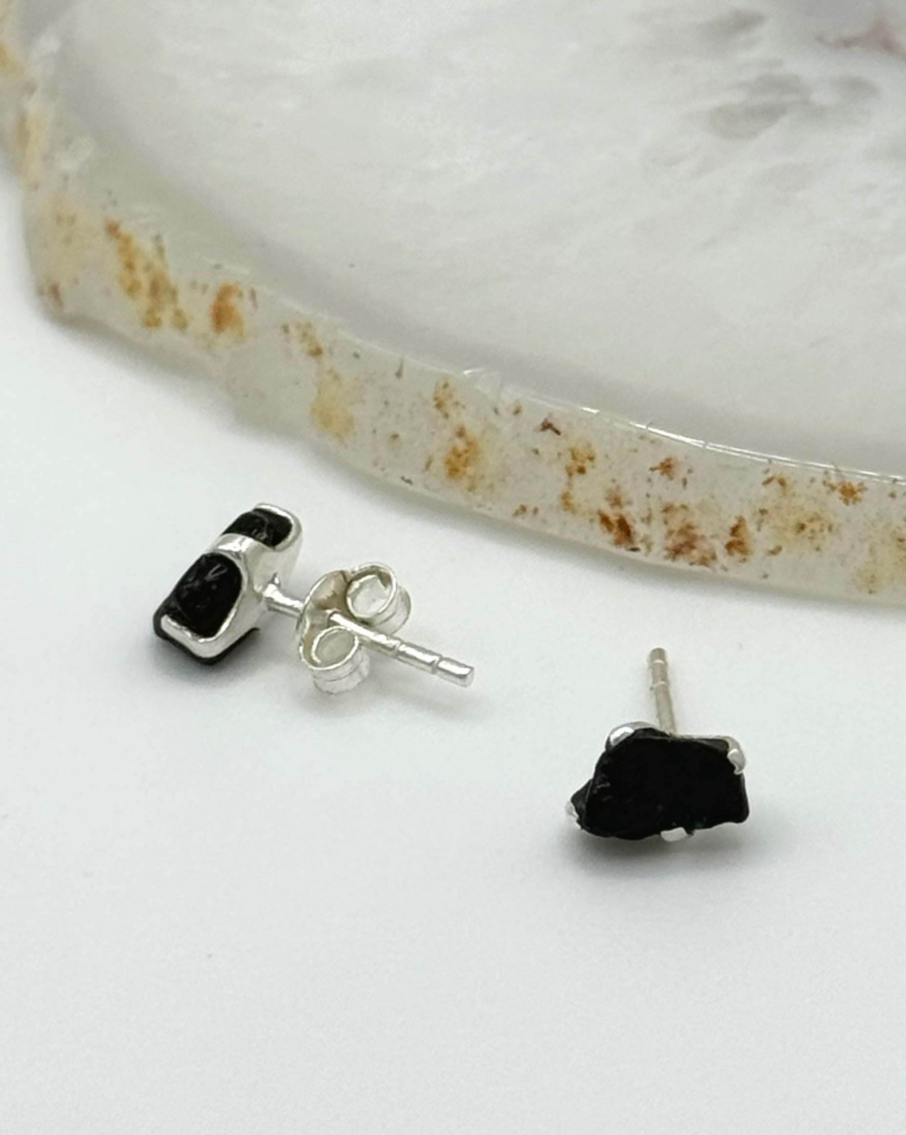 •BLACK TOURMALINE - FREEFORM• silver prong set stud earrings