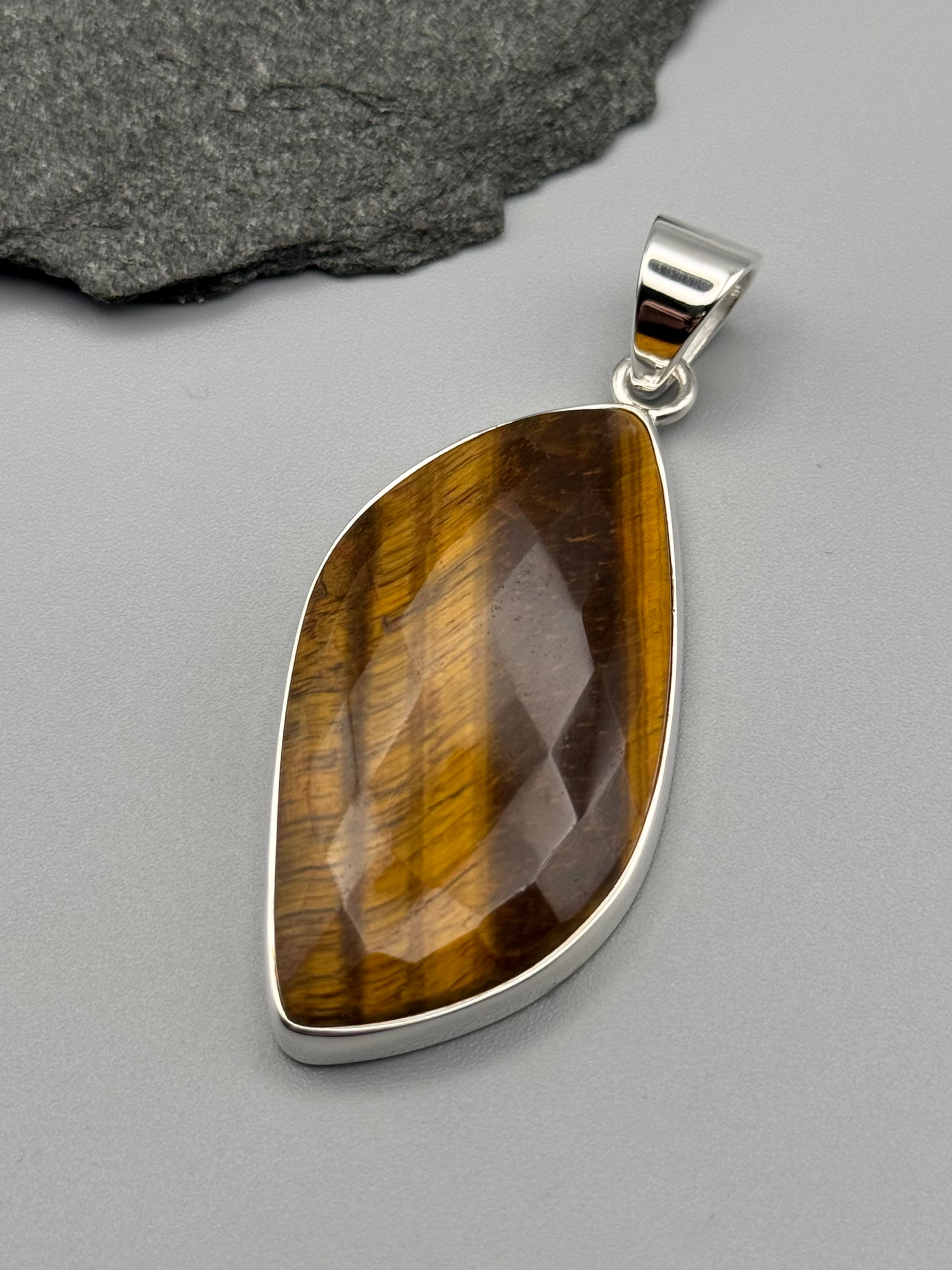 •TIGER EYE - FACETED PARTRIDGE• sterling silver pendant